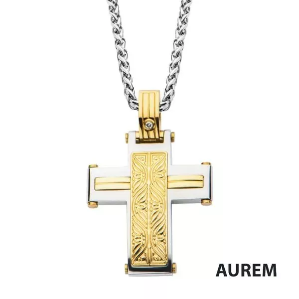 0.02 Carat Clear Genuine Diamond Gold IP Steel Intricate Carved Pattern Cross Pendant