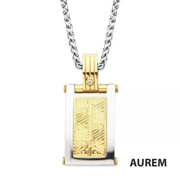 0.02 Carat Clear Genuine Diamond Gold IP Steel Intricate Carved Pattern Dog Tag Pendant