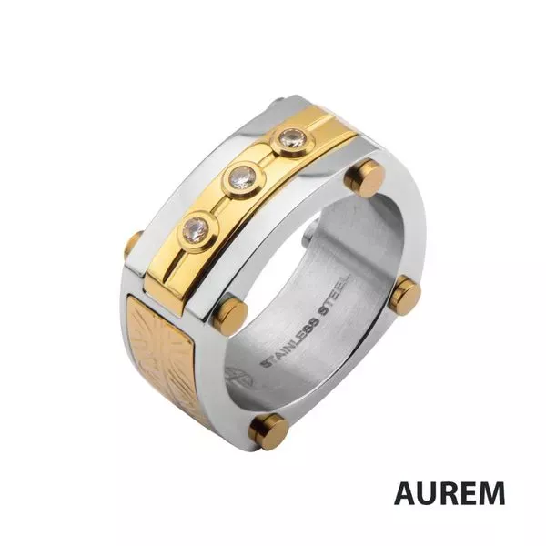 0.02 Carat Clear Genuine Diamond Gold IP Steel Intricate Carved Pattern Ring