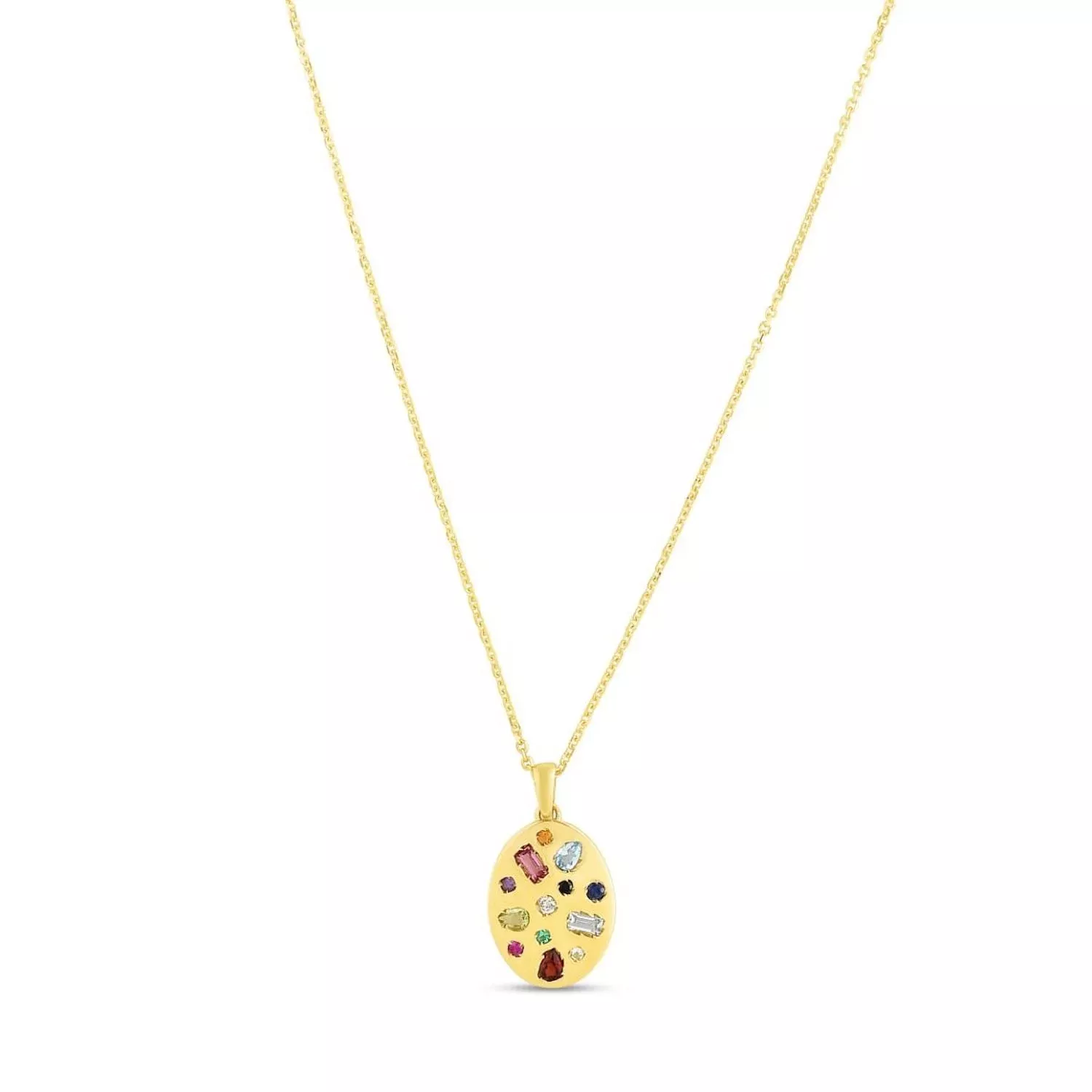 0.02CT Natural Diamond 14K Yellow Gold Inlay Oval Pendant Necklace 16"-18"