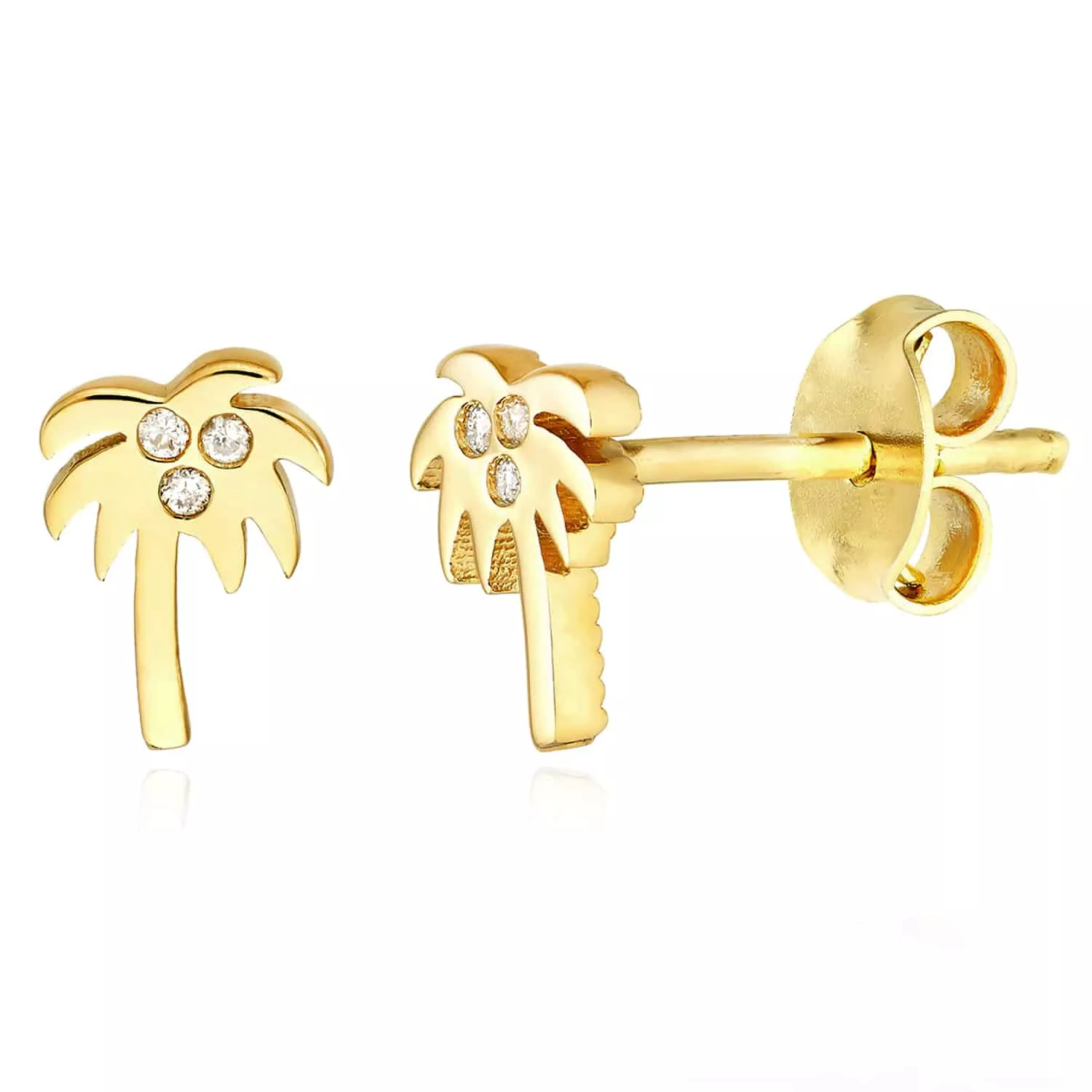 0.02CTW Natural Diamond 14K Gold Palm Tree Stud Butterfly Back Earrings 8mm