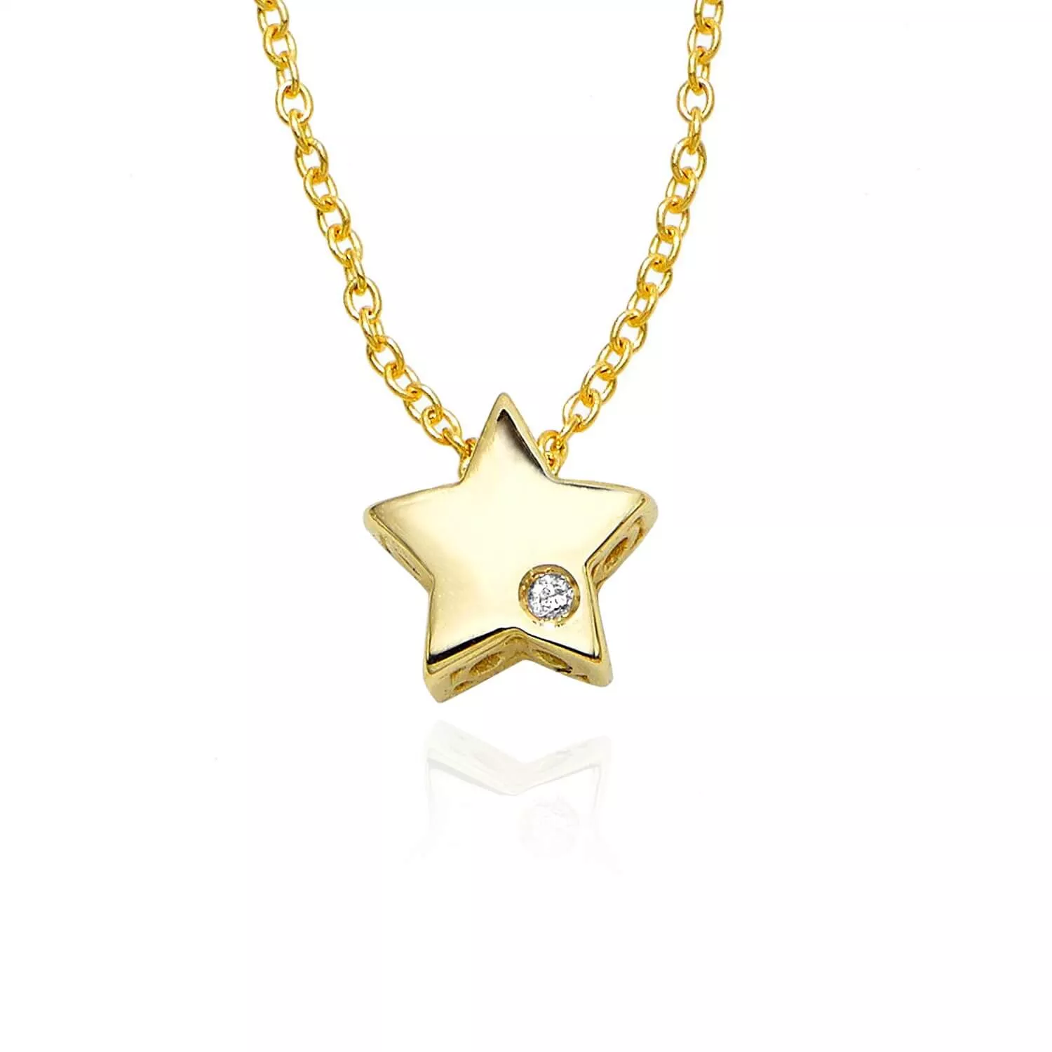 0.05CT Natural Diamond 14K Yellow Gold 6.5mm Star Charm Necklace (Solid Links) 18"