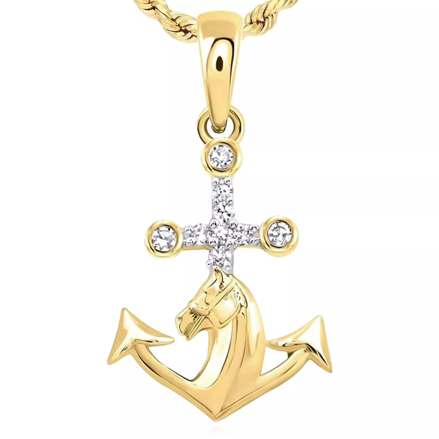 0.05CTW Natural Diamond 10K Yellow Gold Cross Horse Anchor Combo Pendant 0.7"