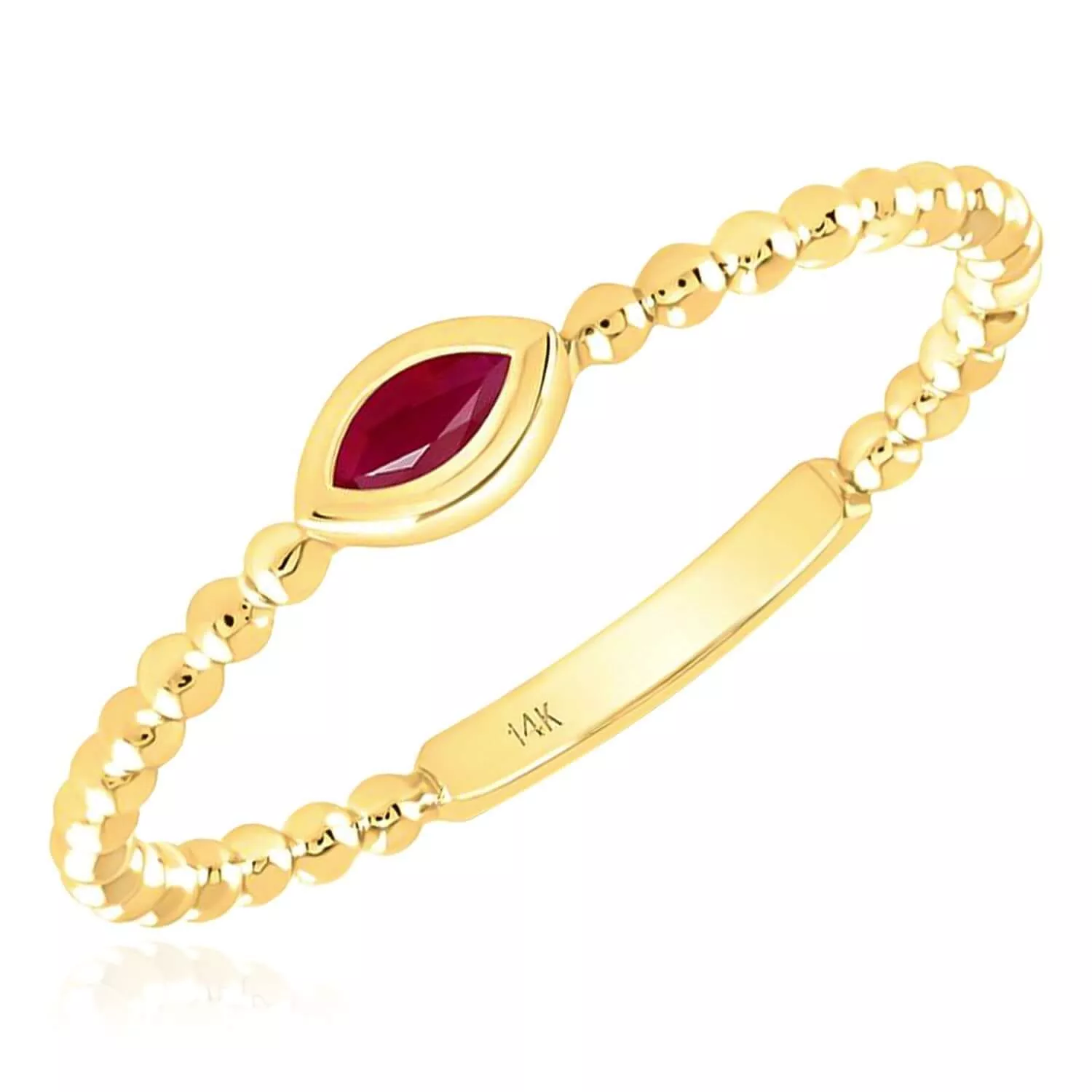 0.05CTW Natural Ruby 14K Yellow Gold Marquise Popcorn Beaded Stackable Band Ring
