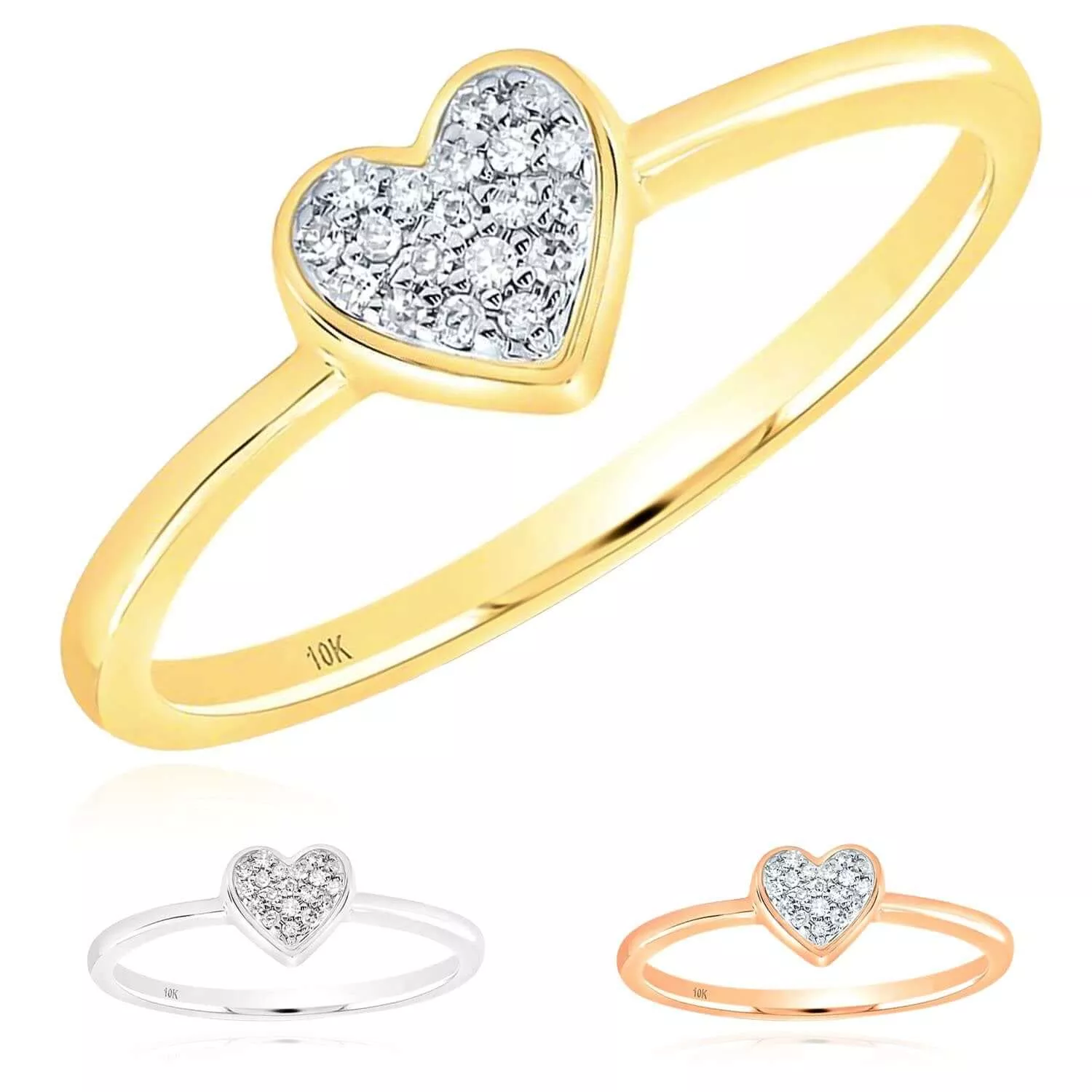 0.05TW Natural Diamond 10K Gold Yellow White Rose Heart Stackable Ring