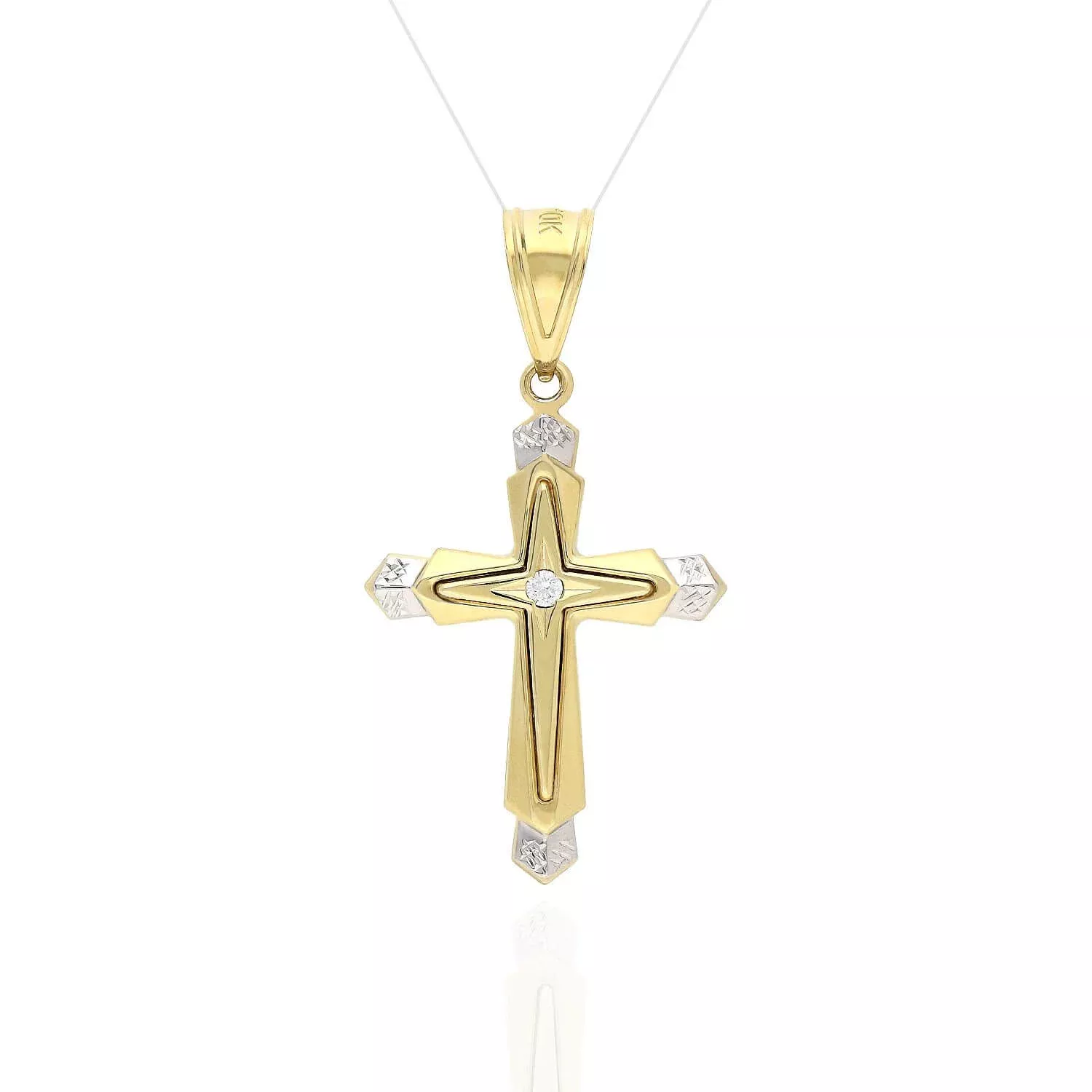 0.08CT CZ 10K Yellow Gold Cross Religious Pendant 1.5" 2.2"