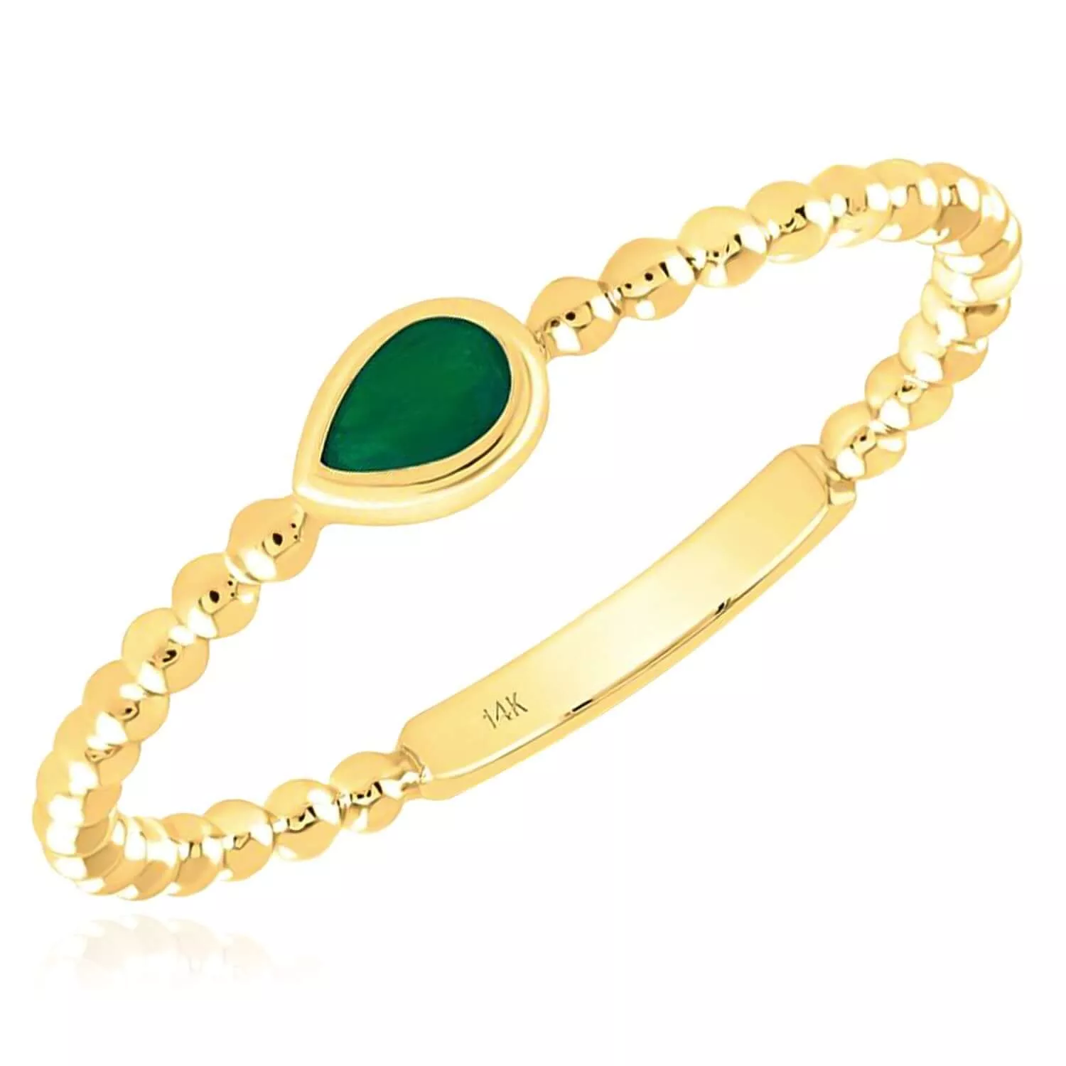 0.08CT Natural Green Emerald Real 14K Gold Beaded Teardrop Stackable Ring