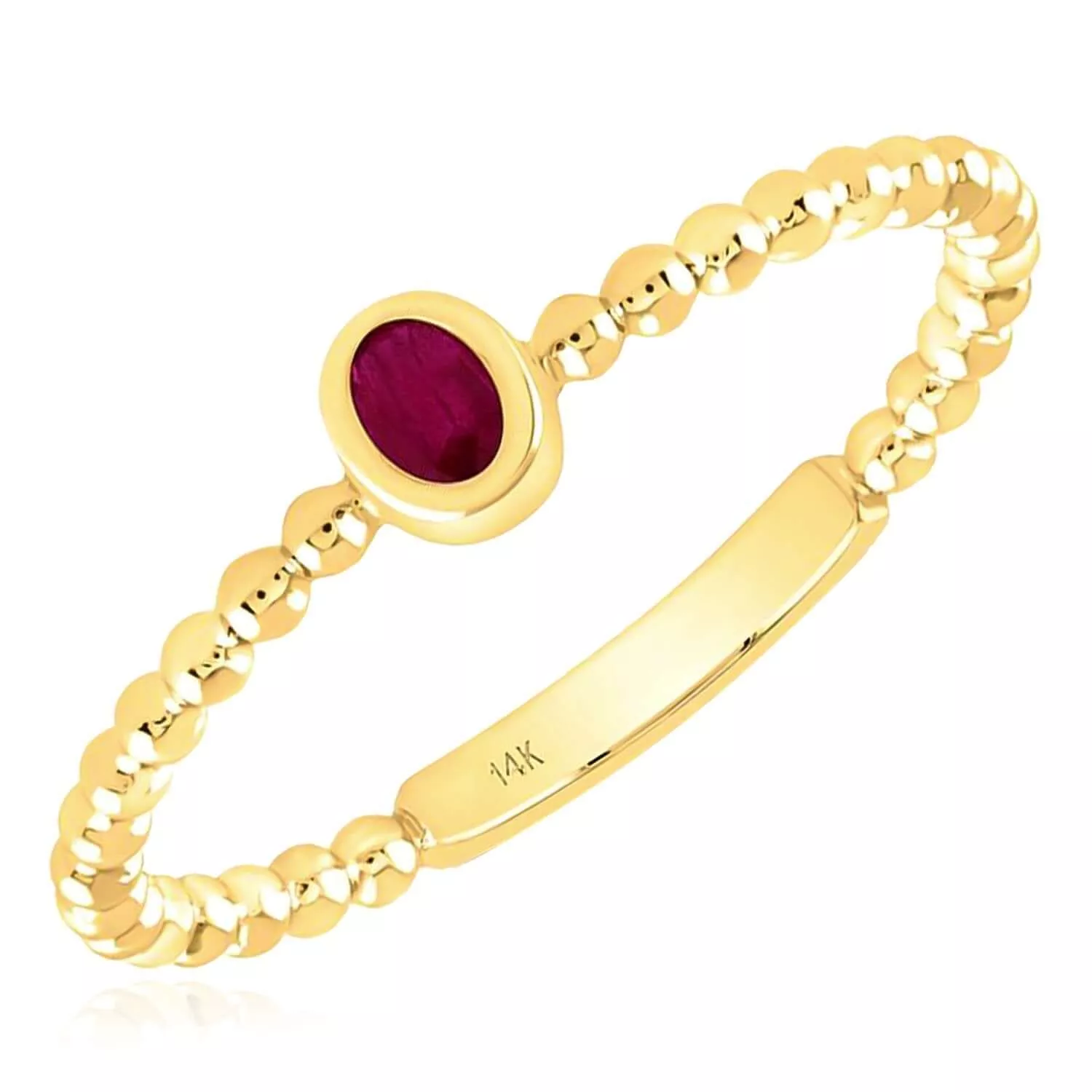 0.08CT Natural Red Ruby Real 14K Gold Beaded Sideways Oval Stackable Band Ring