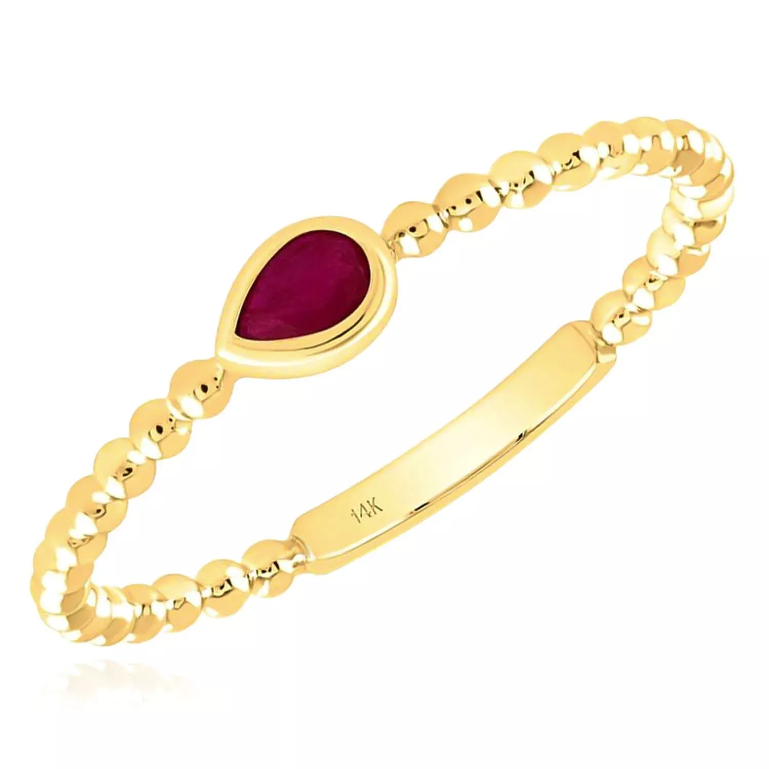0.08CT Natural Red Ruby Real 14K Gold Beaded Teardrop Stackable Band Ring