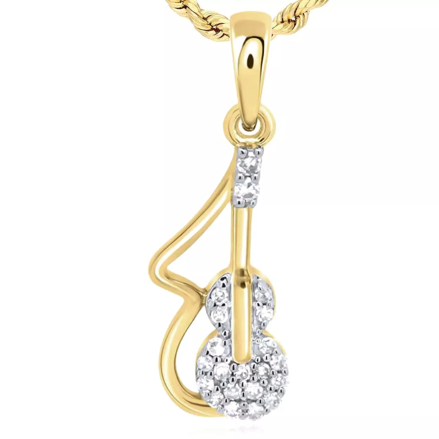 0.08CTW Natural Diamond 10K Yellow Gold Violin Pendant 0.75"