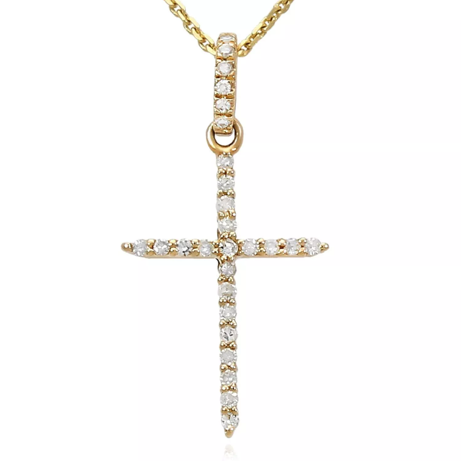0.08CTW Natural Diamond 14K Yellow Gold Cross Necklace (Solid Links) 16"