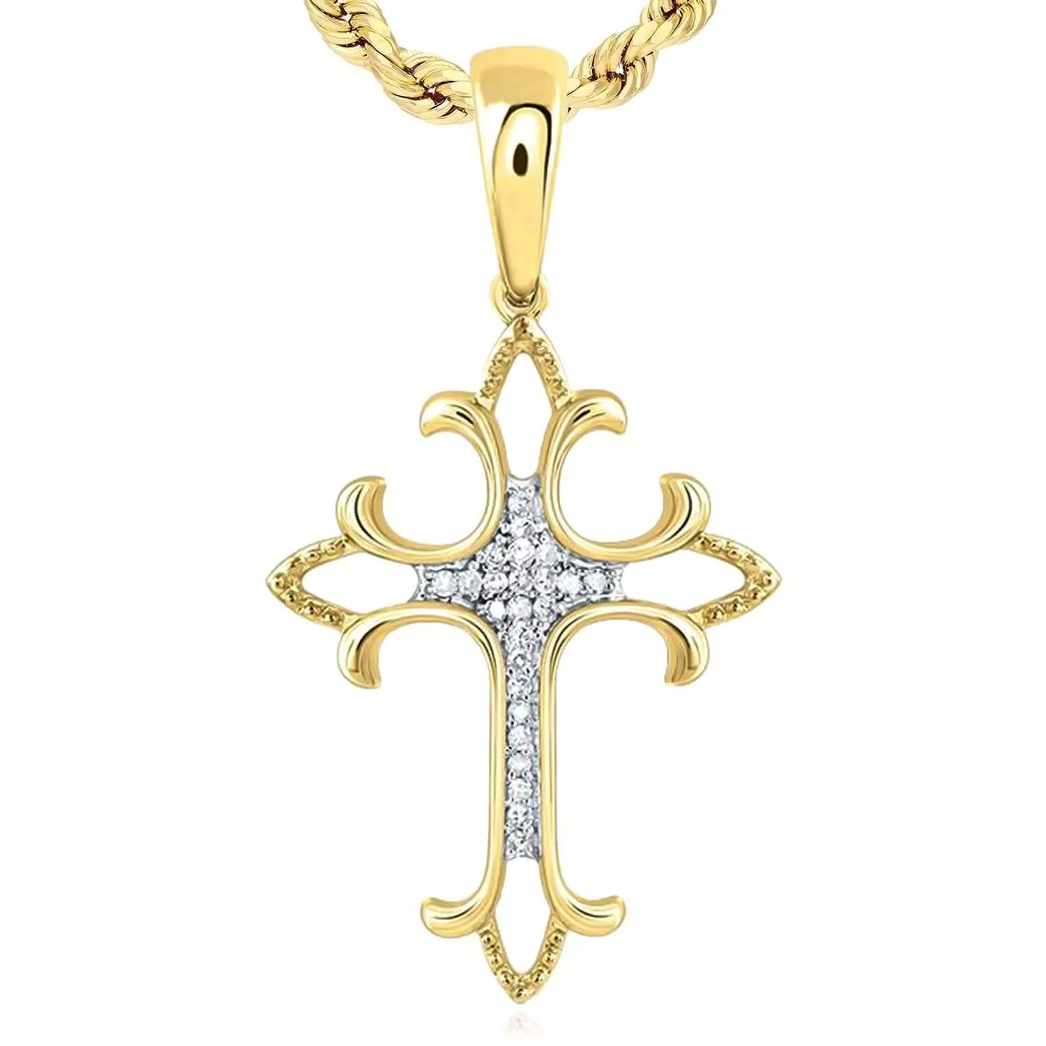 0.08CTW Natural Diamond Real 10K Gold Fleur-De-Lis Cross Pendant, 1.38"