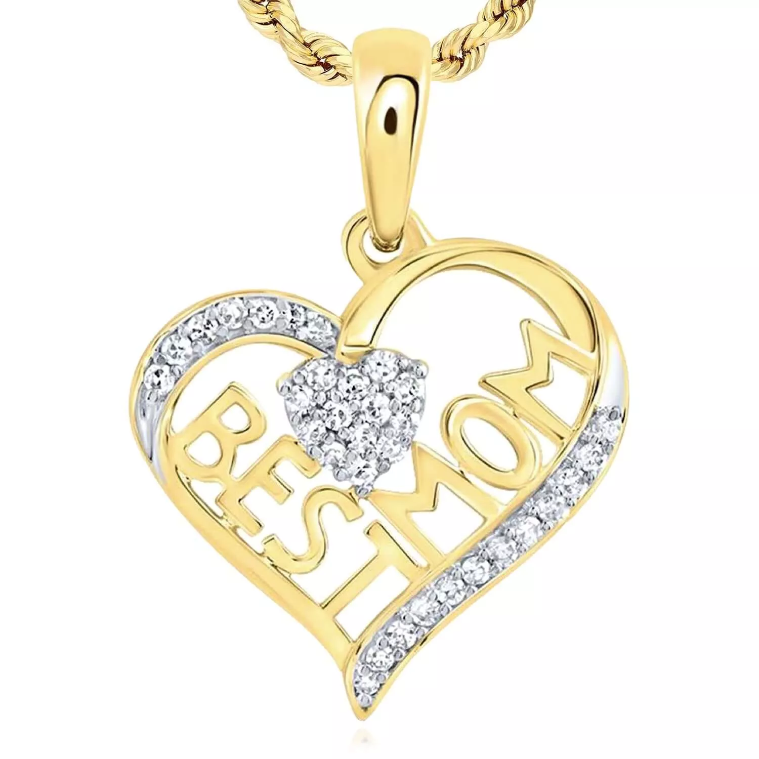 0.10 CTW Natural Diamond Real 10K Gold "Best Mom" Heart Pendant 0.6"
