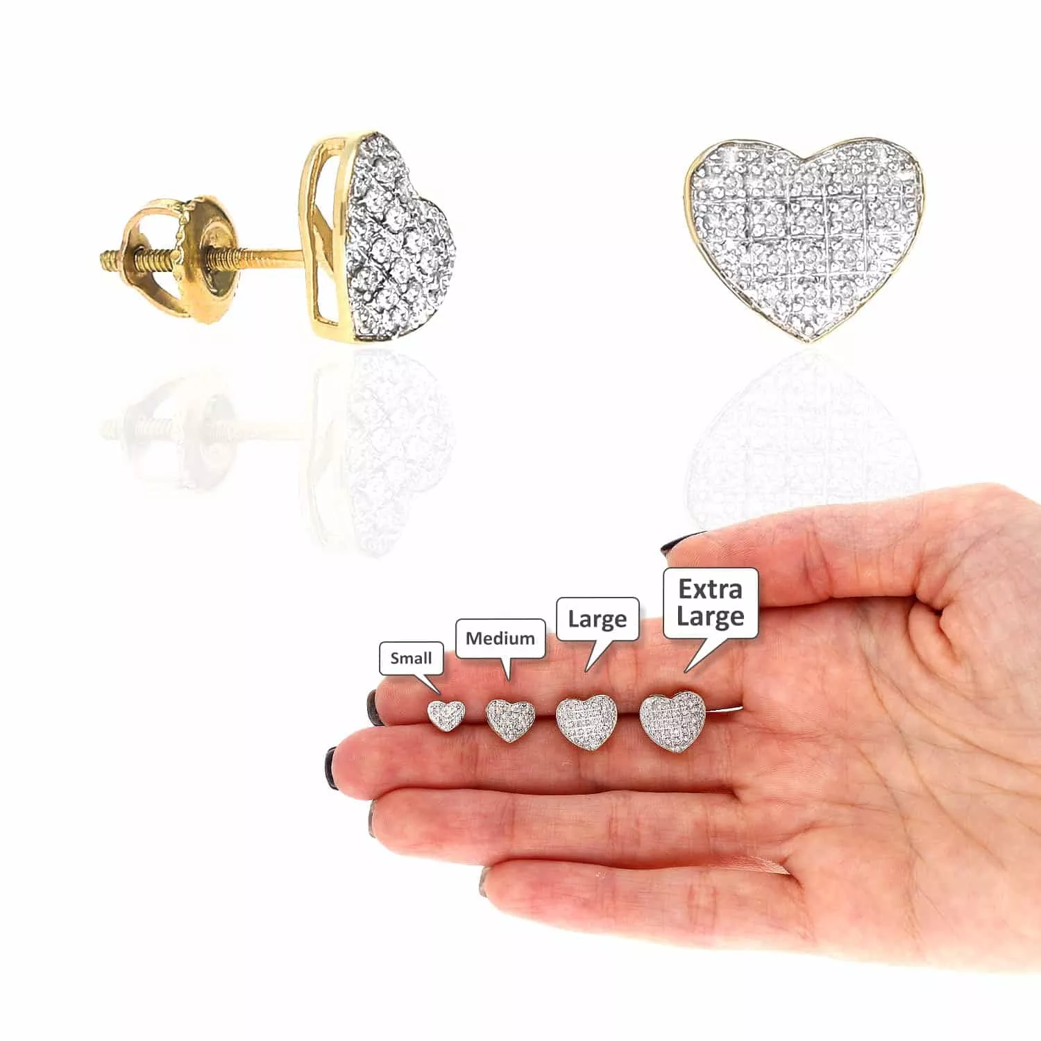 0.10Ct -0.35Ct Natural Diamond Pave Heart Stud Earrings 10K Yellow Gold