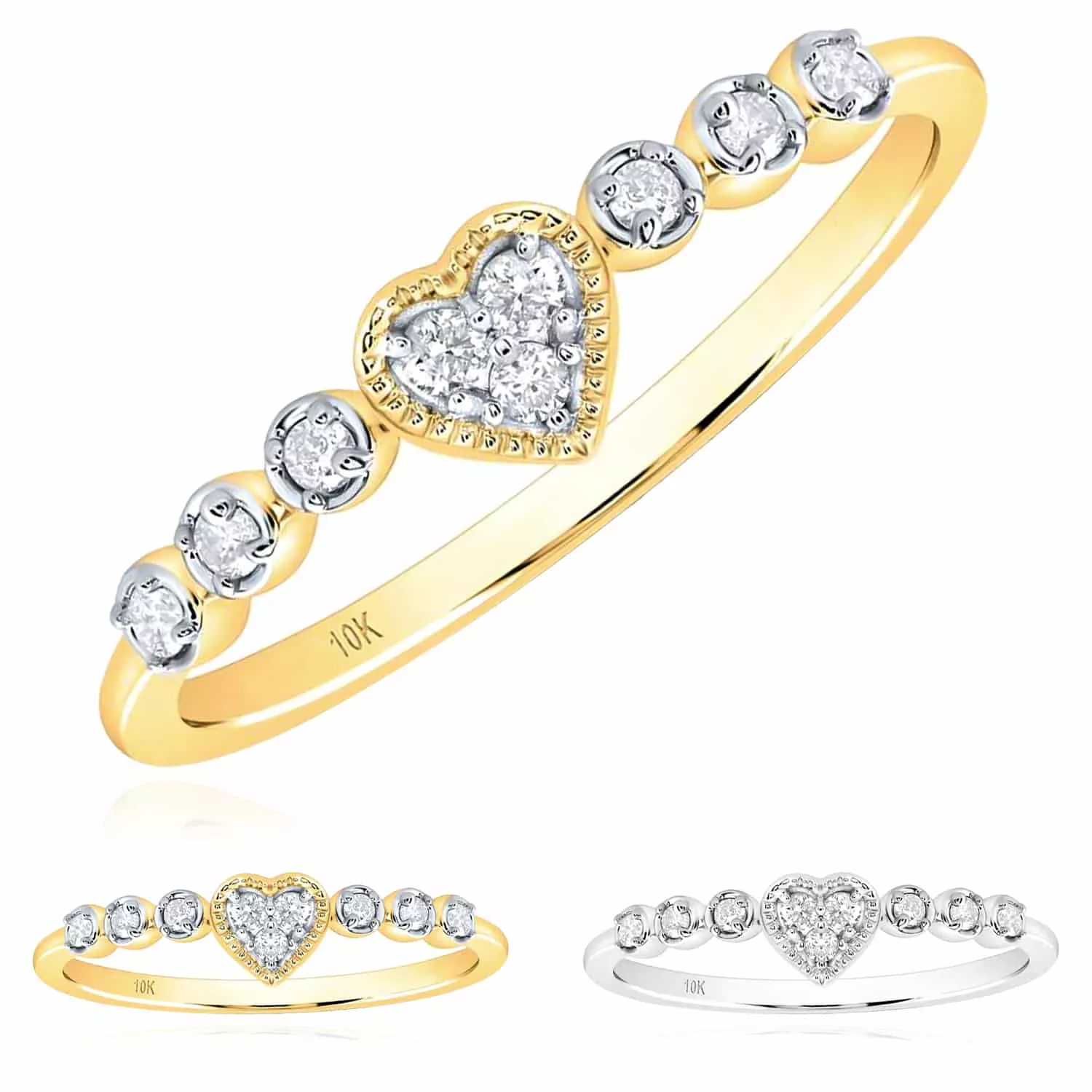 0.10CTW Natural Diamond 10K Gold Yellow White Heart Stackable Band Ring