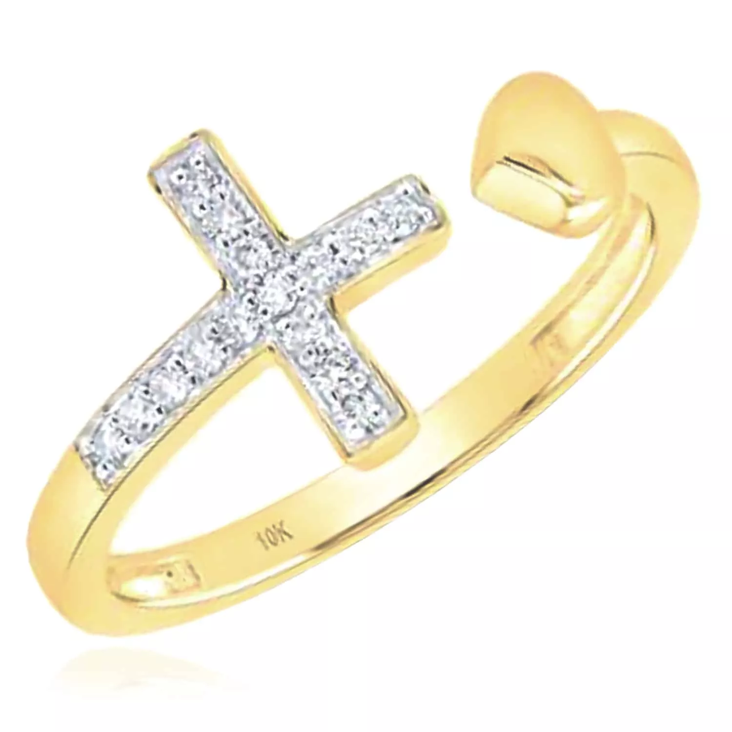 0.10CTW Natural Diamond 10K Yellow Gold Cross Heart Cocktail Bypass Ring