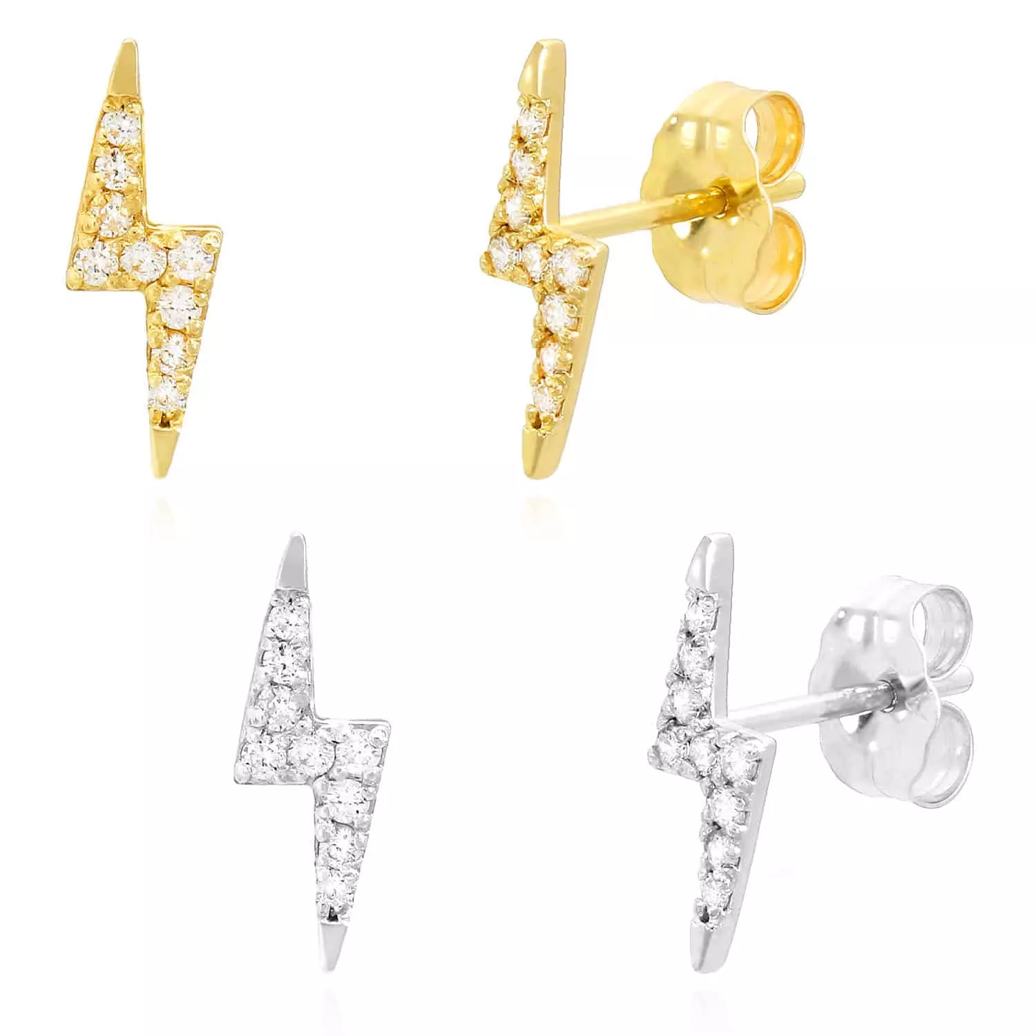 0.10CTW Natural Diamond 14K Gold Lightning Bolt Stud Earrings 3.5mm