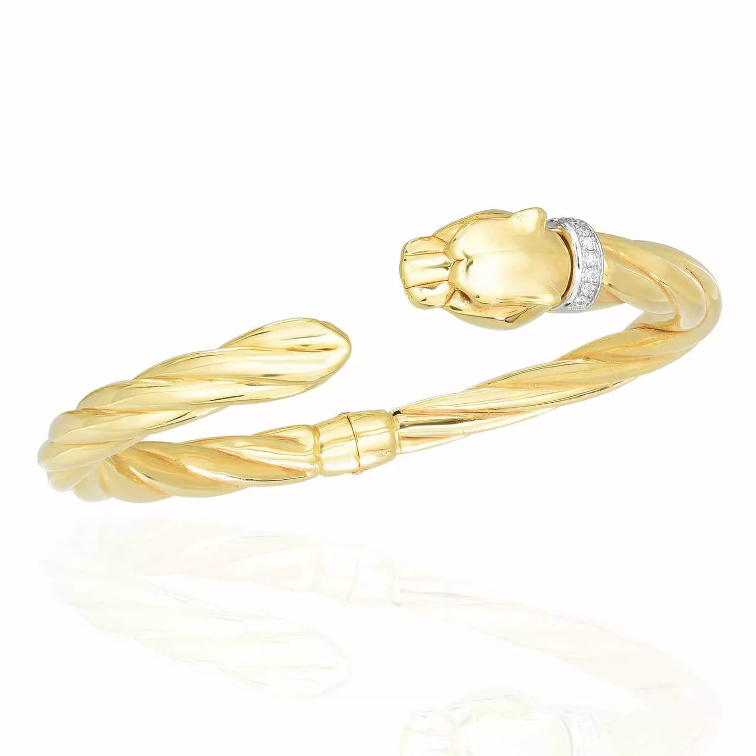 0.10CTW Natural Diamond 14K Yellow Gold Panther Cuff Bangle Bracelet (Hollow) 6.5"