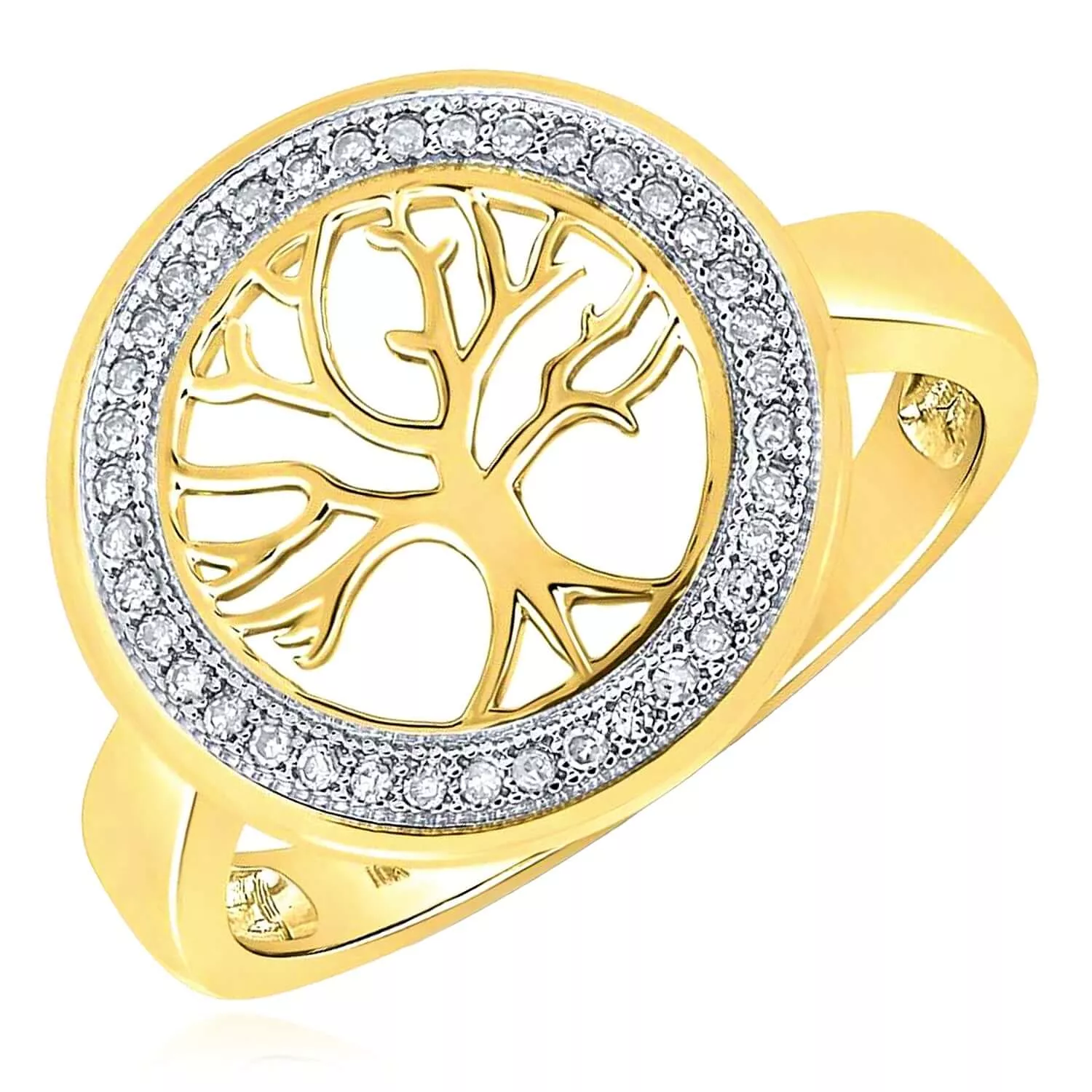 0.10CTW Natural Diamond Real 10K Gold Tree of Life Circle Signet Ring