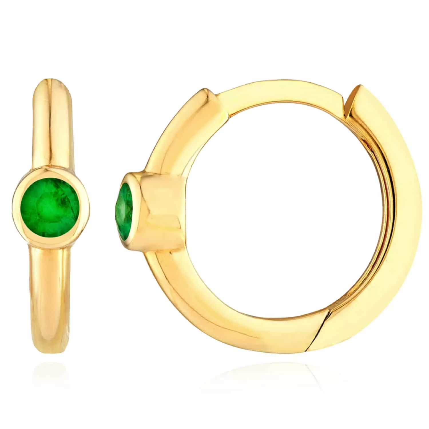0.10CTW Real Emerald 14K Gold Single Bezel-Set Hoop Earrings 9mm