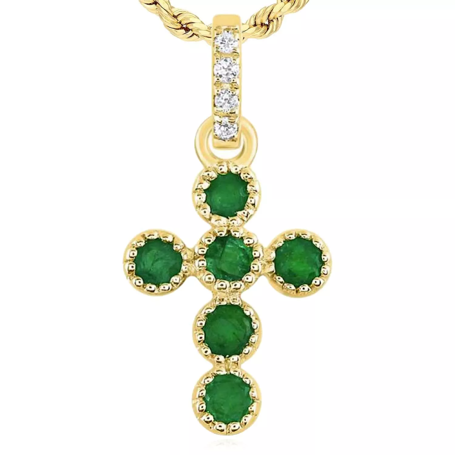 0.11CTW Natural Diamond Emerald 14K Gold Round Cross Pendant 0.55"