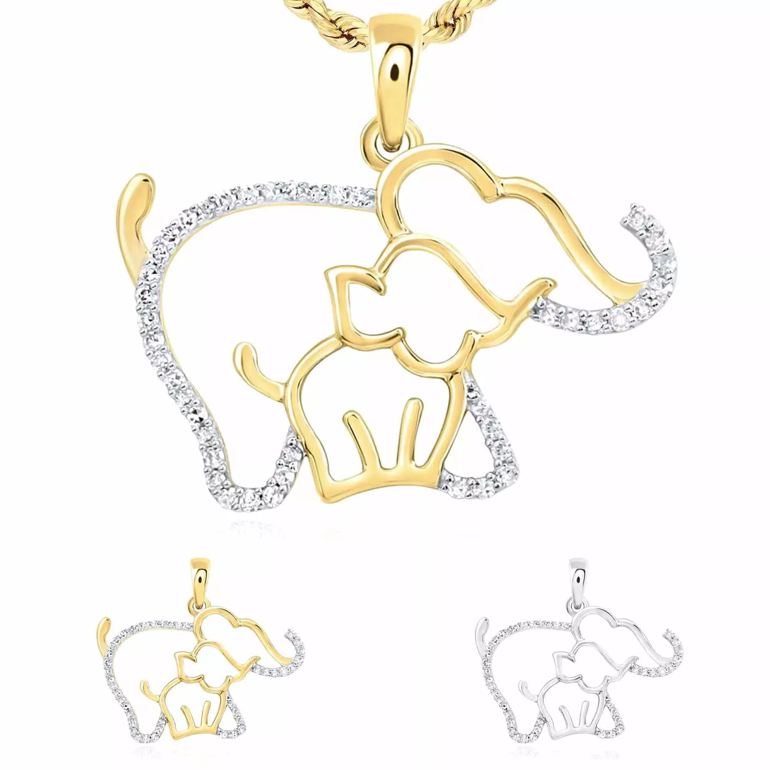 0.12CTW Natural Diamond 10K Gold Yellow White Mother Baby Elephant Pendant 0.8"