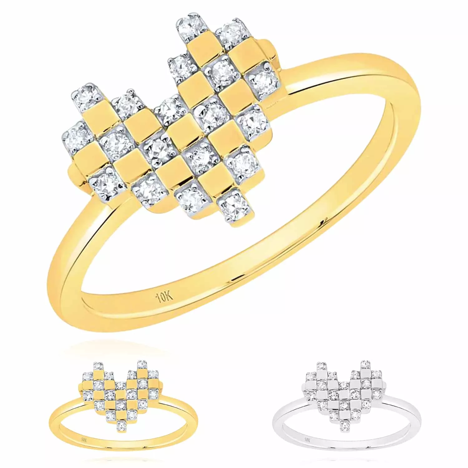 0.12CTW Natural Diamond 10K Gold Yellow White Pixel Checker Cocktail Heart Ring