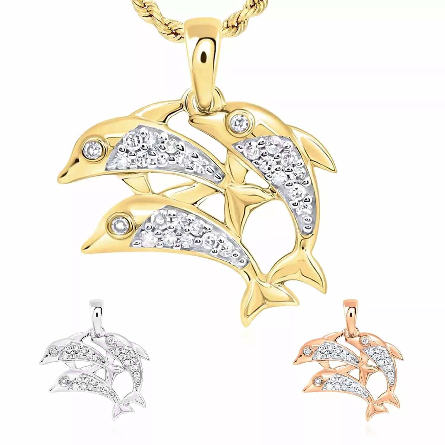 0.12CTW Natural Diamond 10K Gold Yellow White Rose 3x Dolphins Swimming Pendant