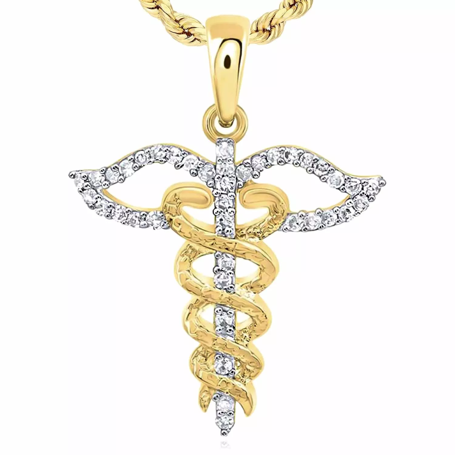 0.12CTW Natural Diamond 10K Yellow Gold Caduceus Medical Symbol Pendant 0.85"