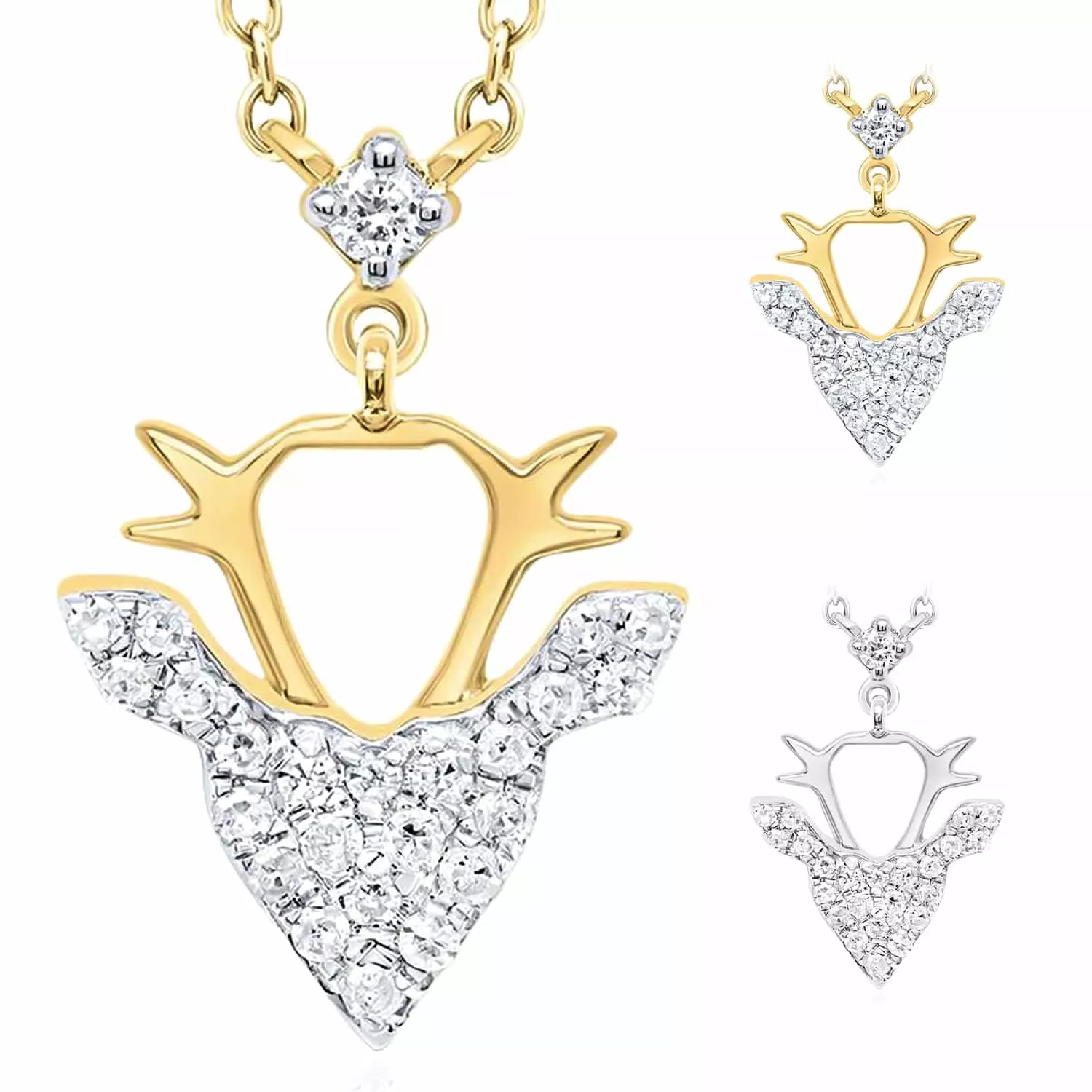 0.12CTW Natural Diamond 10K Yellow White Gold Reindeer Head Necklace (Solid Links) 18"