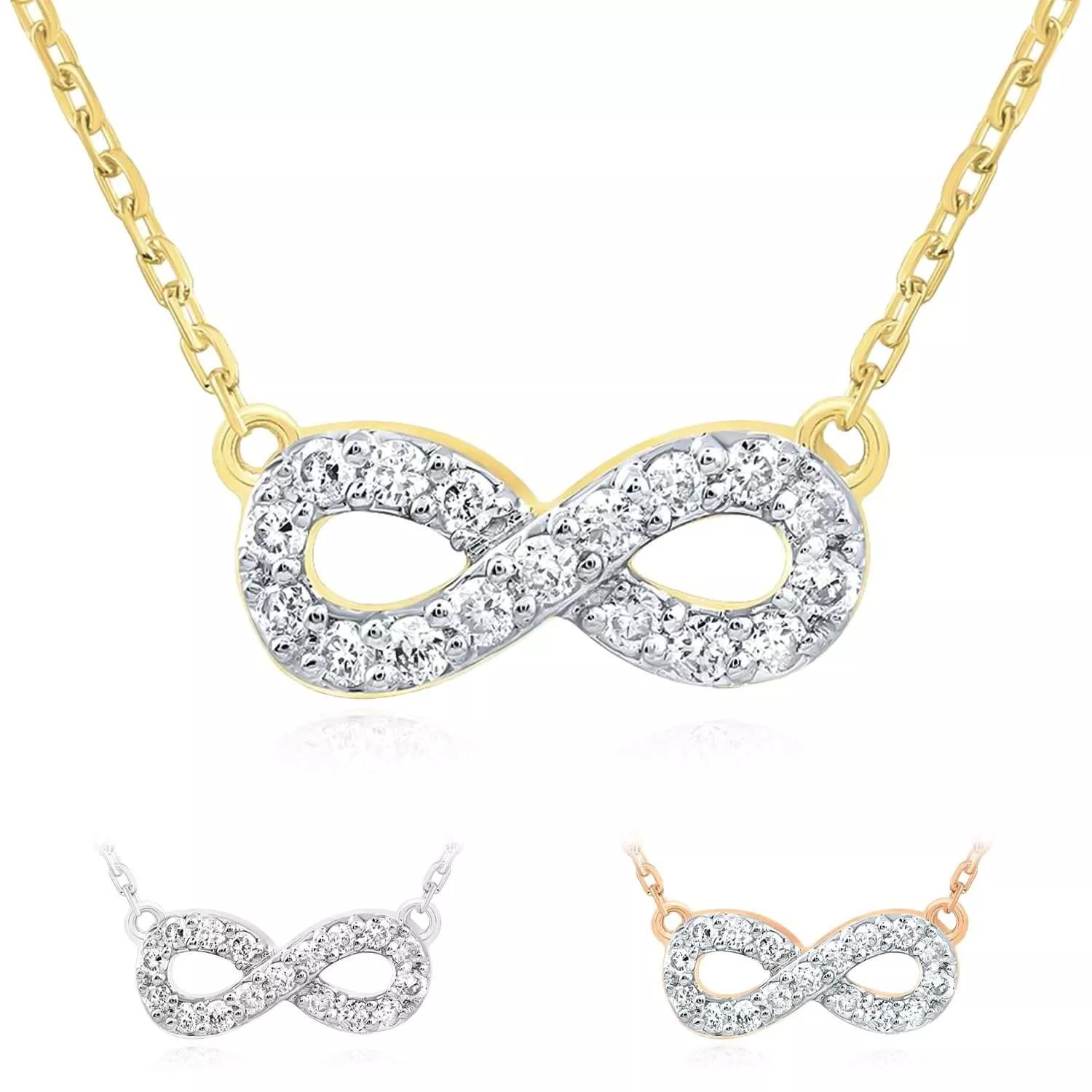 0.12CTW Natural Diamond 10K Yellow White Rose Gold Infinity Necklace (Solid Links) 18"
