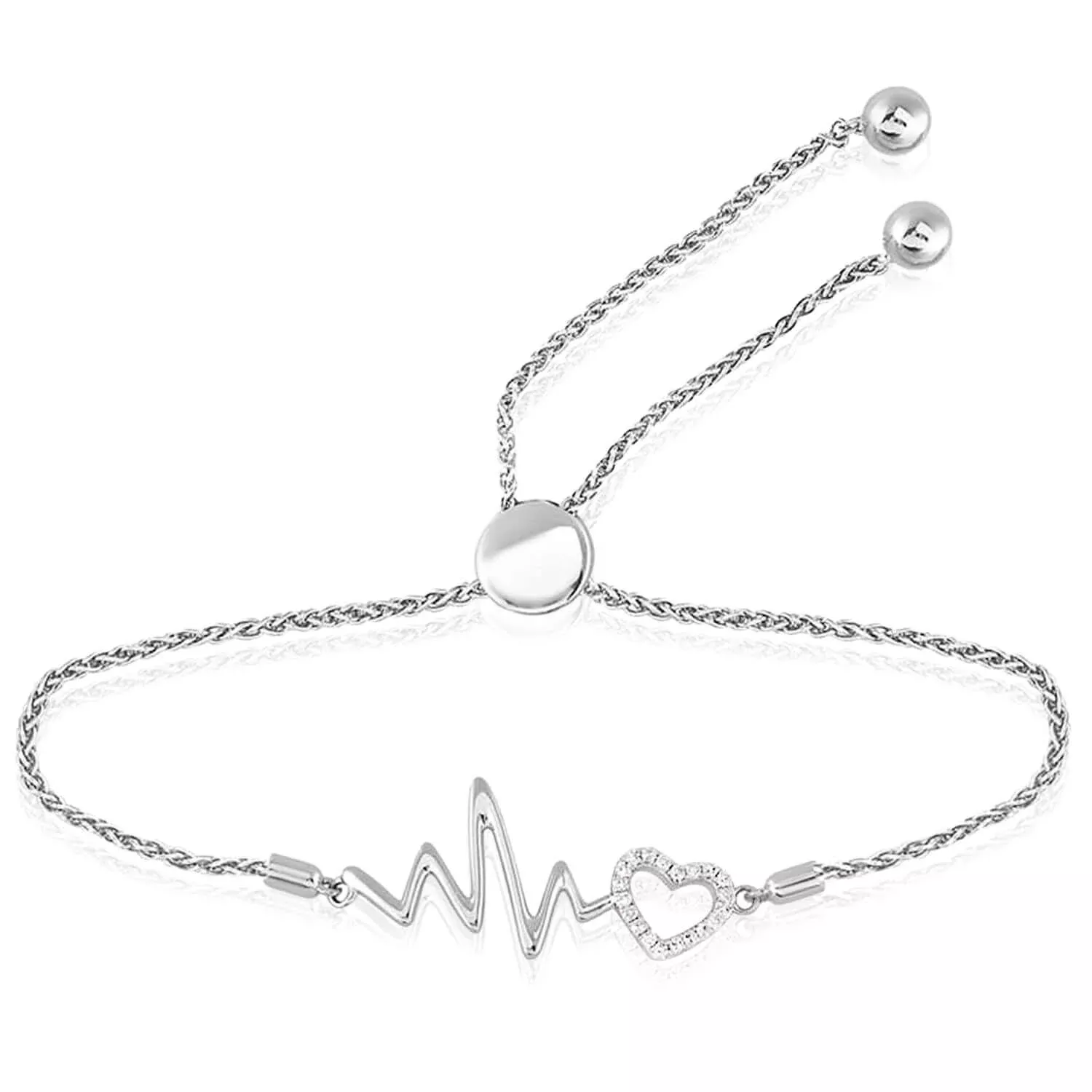 0.12CTW Natural Diamond Sterling Silver Heartbeat Heart Bolo Bracelet (Solid Links) 9" Adjustable