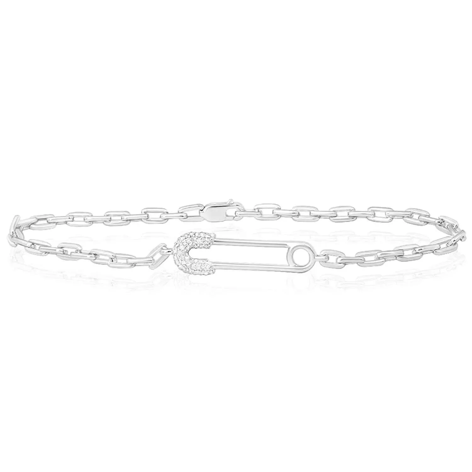 0.12CTW Natural Diamond Sterling Silver Safety Pin Cable Bracelet (Solid Links) 7"