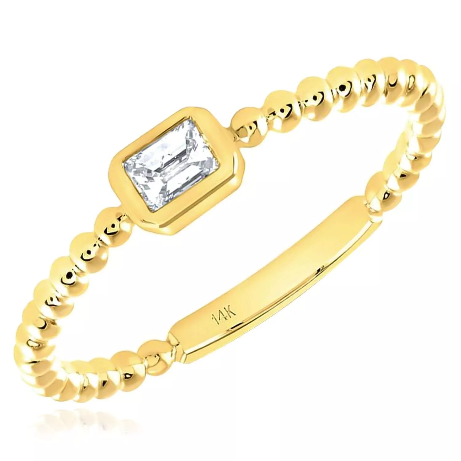 0.15CT Natural Diamond Real 14K Gold Beaded Emerald-Cut Stackable Band Ring