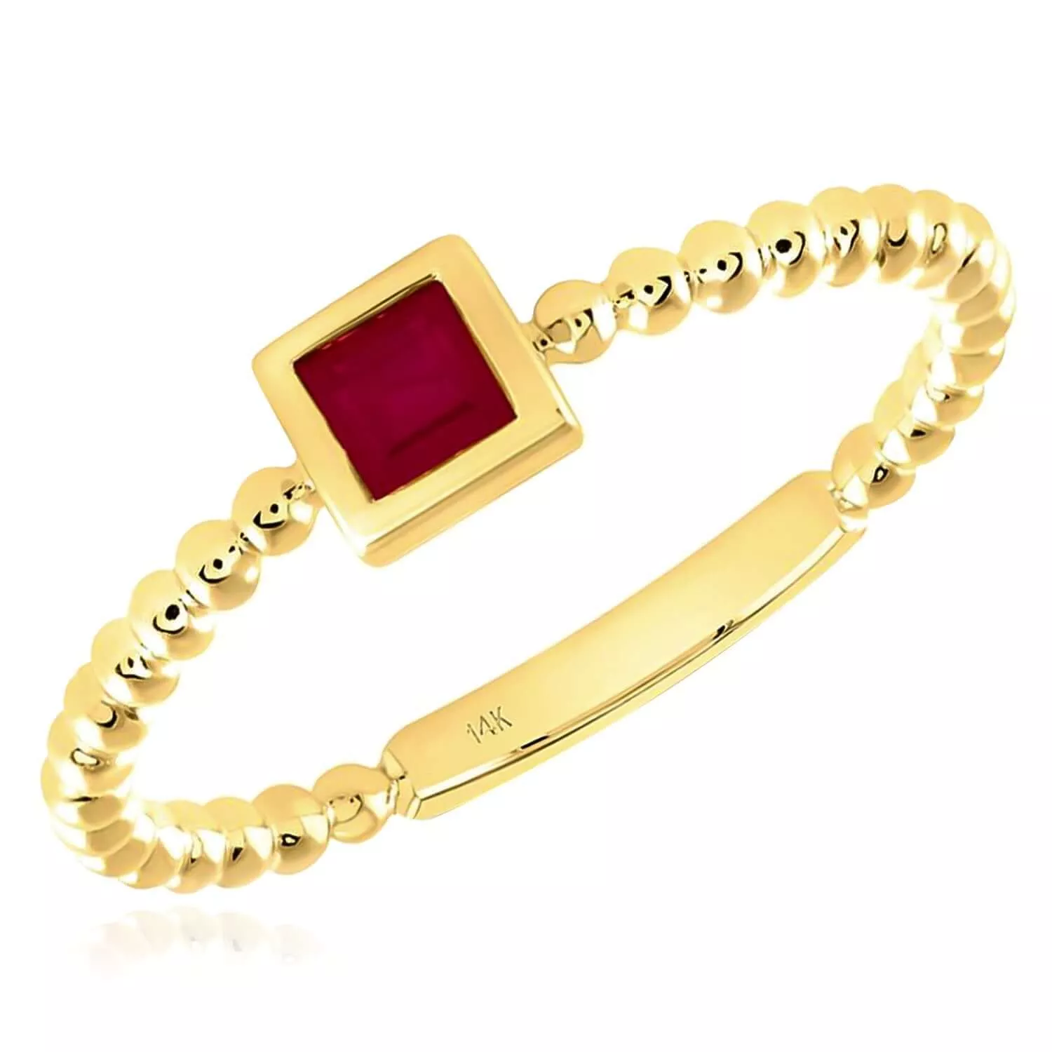 0.15CT Natural Red Ruby Real 14K Gold Beaded Square-Cut Stackable Band Ring