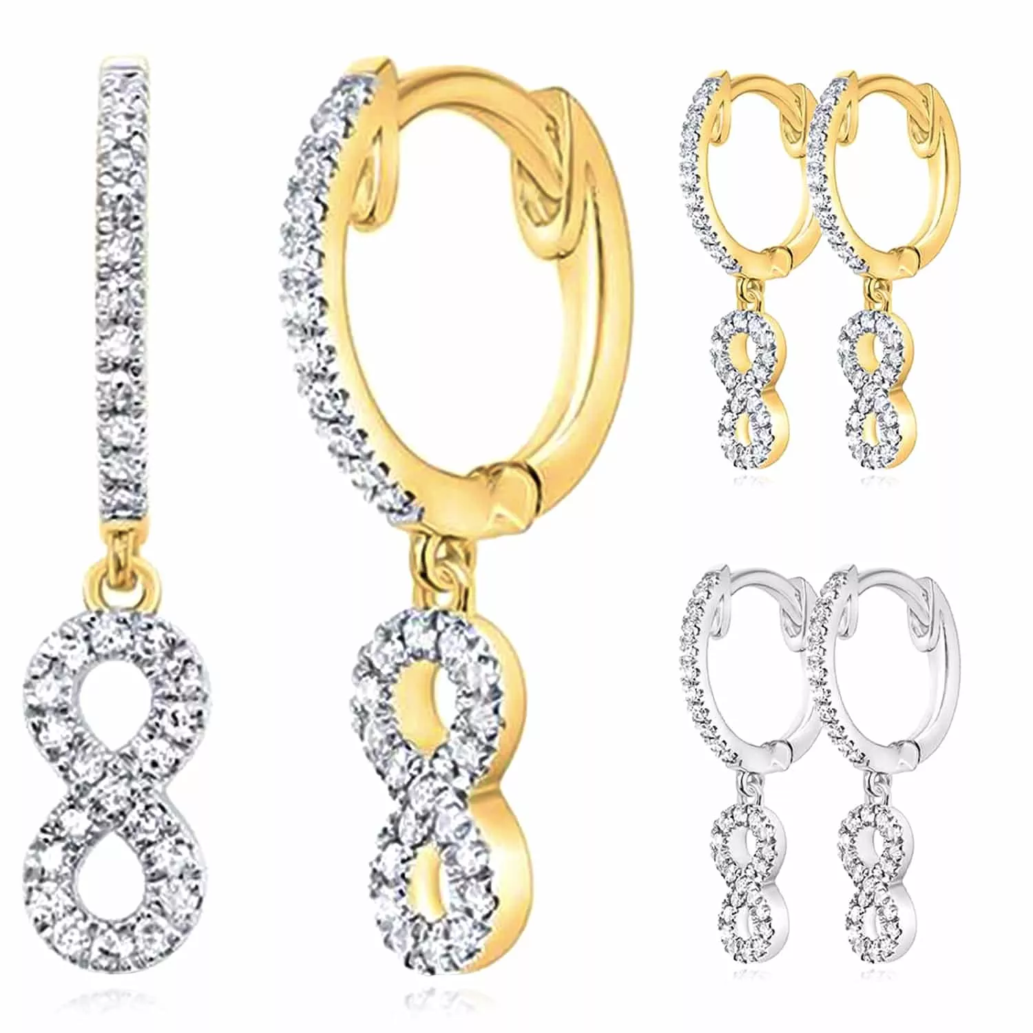 0.16CTW Natural Diamond 10K Gold White Yellow Infinity Drop Earrings 19mm