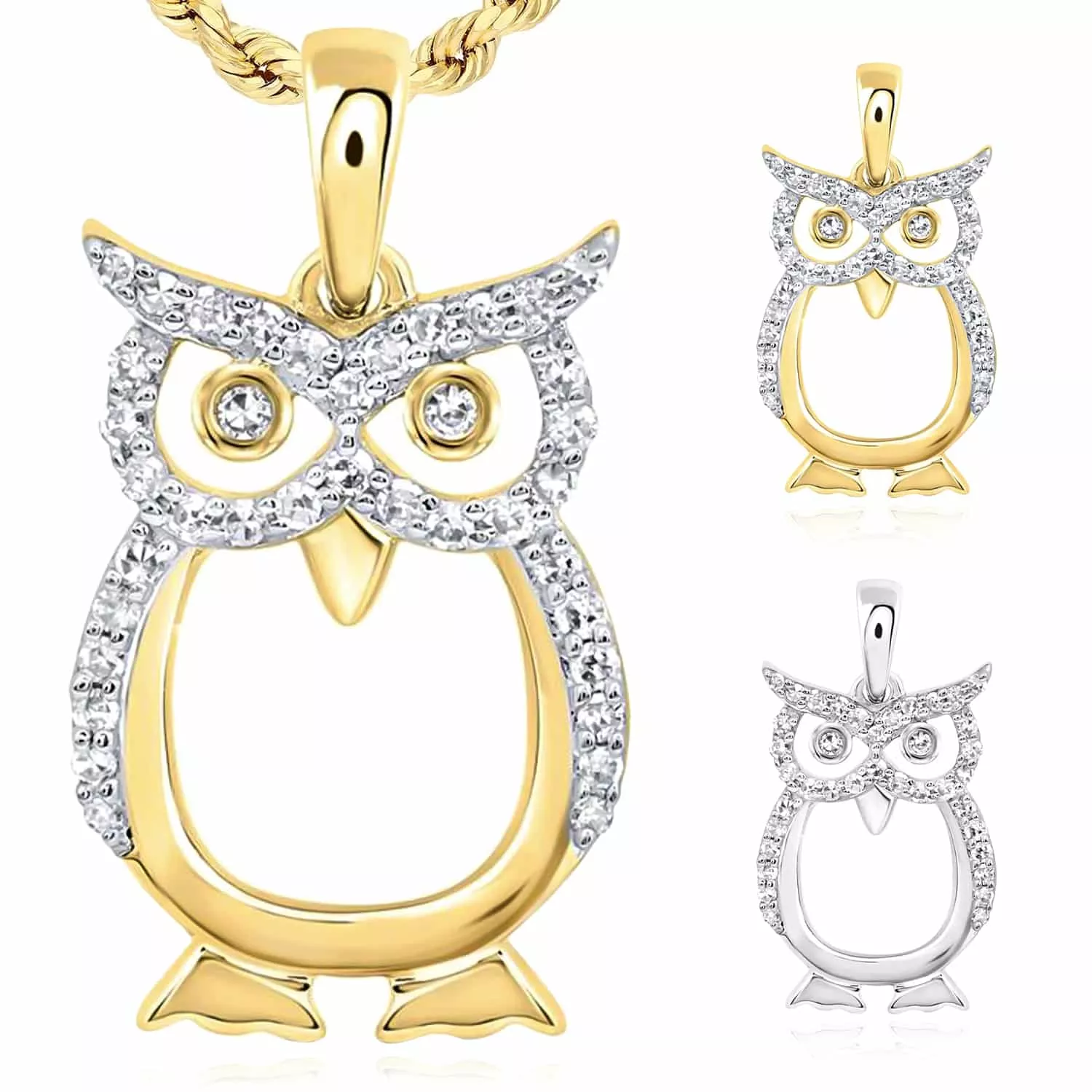 0.16CTW Natural Diamond 10K Gold Yellow White Owl Pendant 0.84"