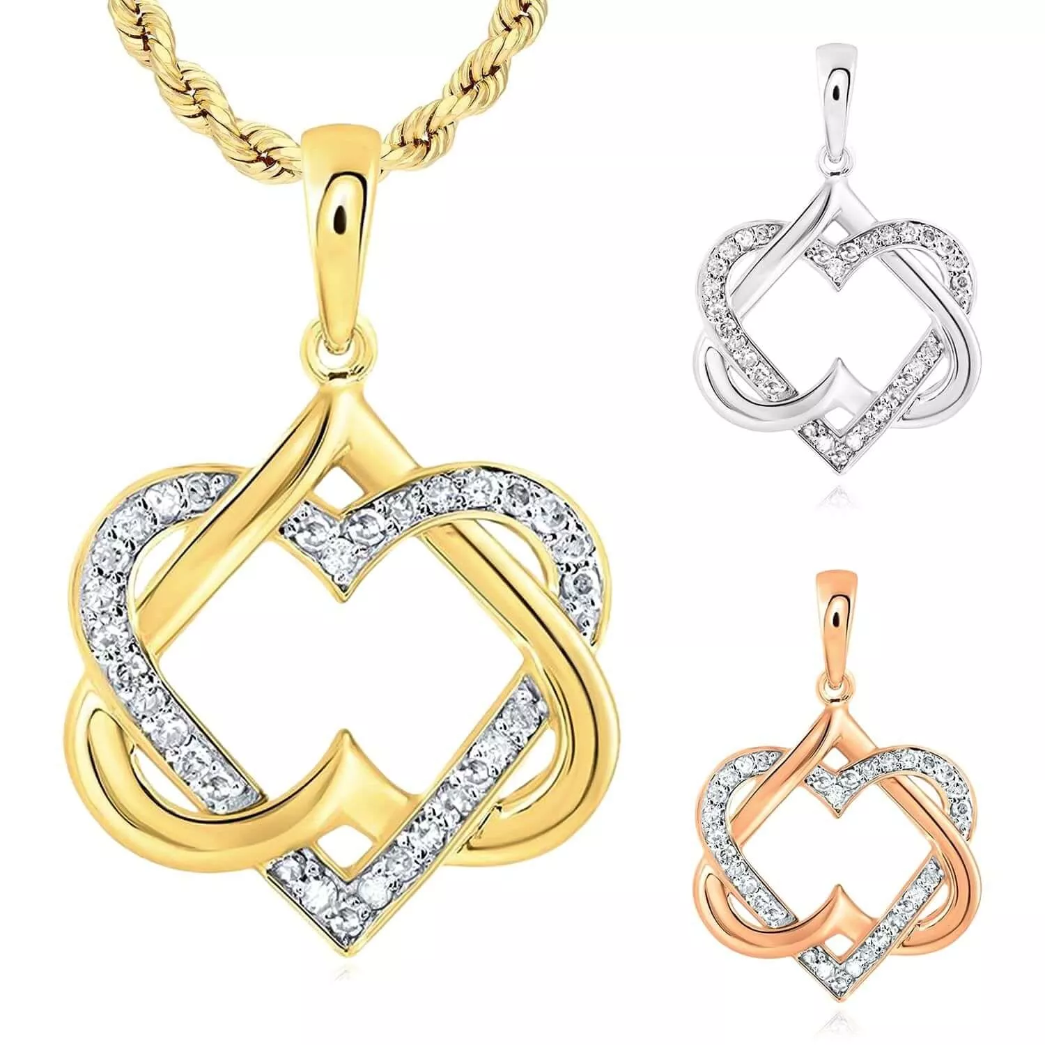 0.16CTW Natural Diamond 10K Gold Yellow White Rose Interlocked Heart Pendant
