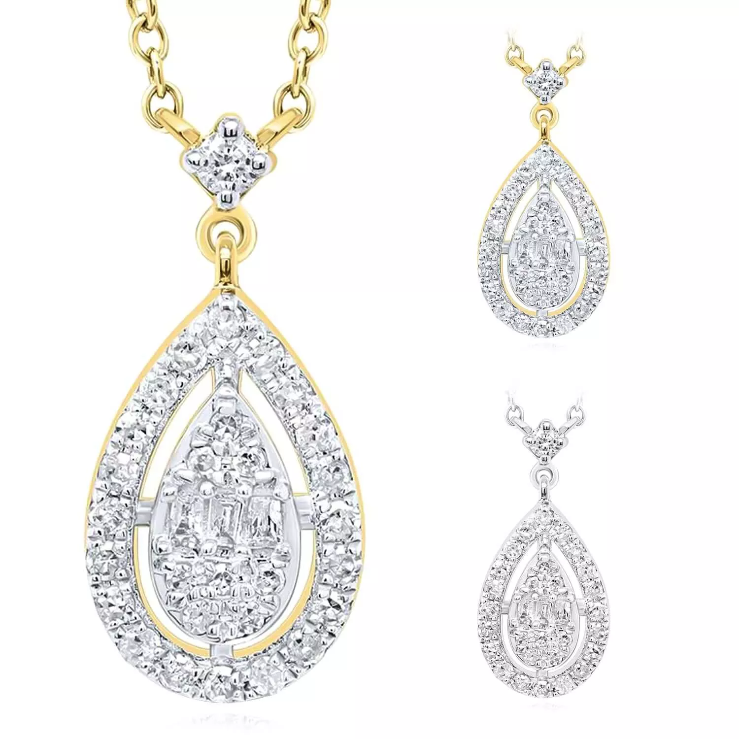0.16CTW Natural Diamond 10K Yellow White Gold Teardrop Pear Necklace (Solid Links) 18"