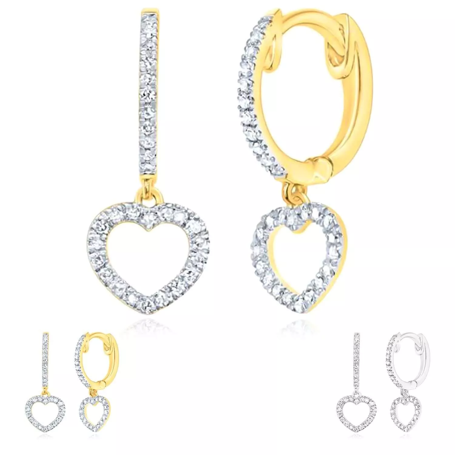 0.16CTW Natural Diamond Real 10K Gold Heart Drop Earrings, Hinged Back, 18mm