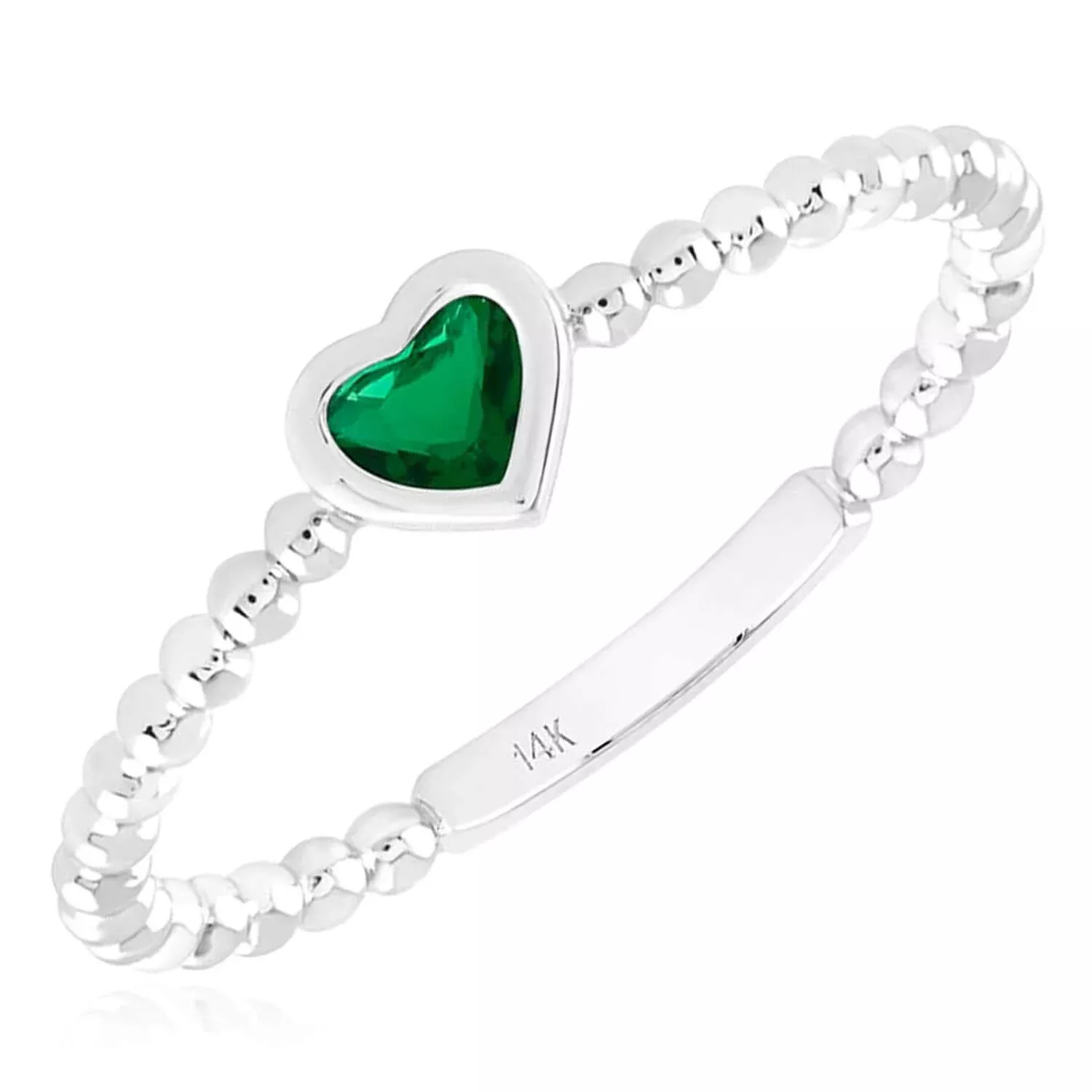 0.20CT Natural Green Emerald 14K White Gold Beaded Heart Stackable Band Ring