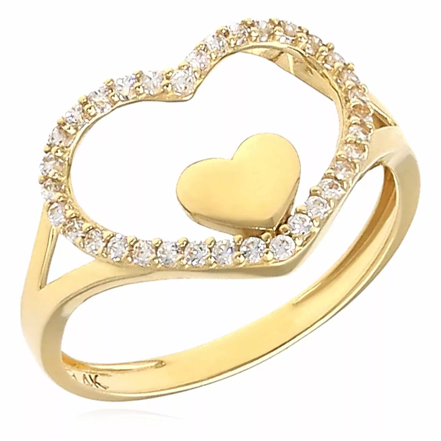 0.20CTW CZ 14K Yellow Gold Heart in Heart Halo Cocktail Ring