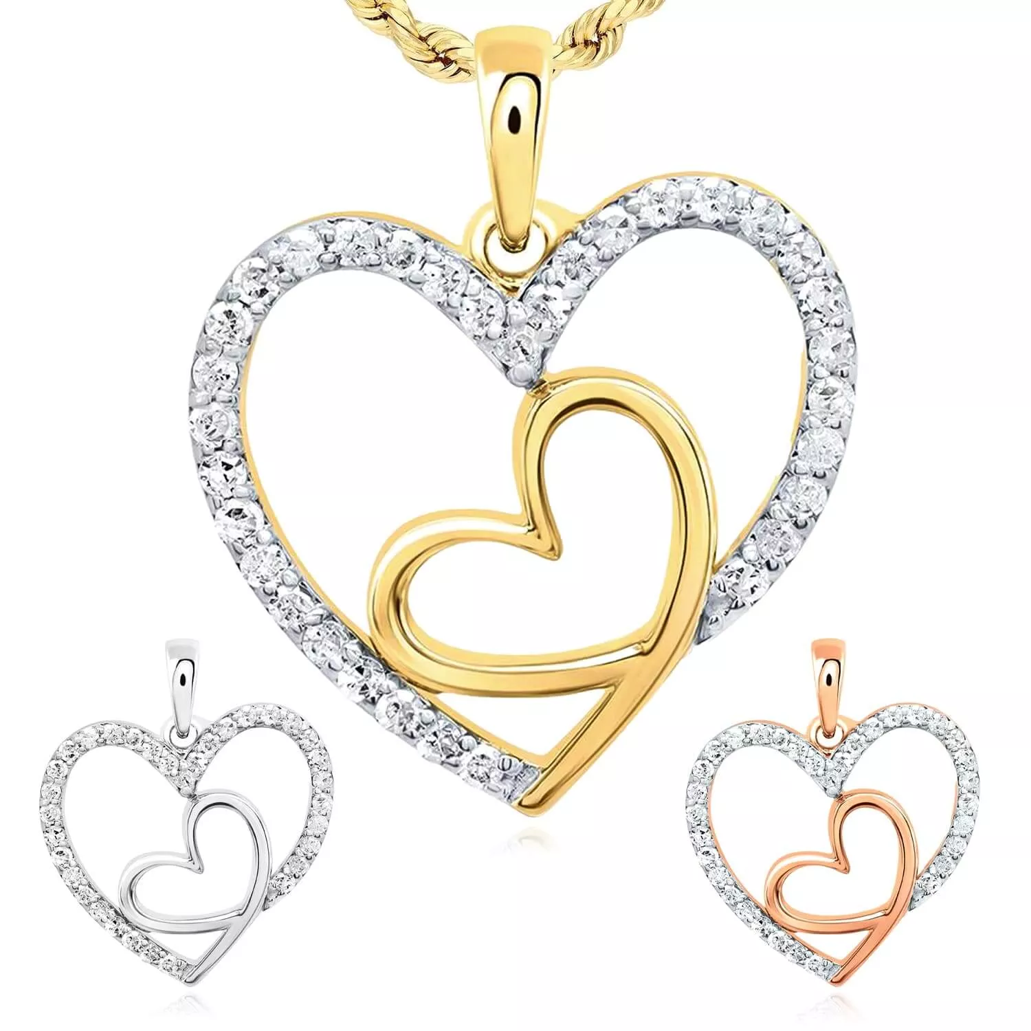 0.20CTW Natural Diamond 10K Gold Yellow White Rose Double Heart Pendant 0.8"