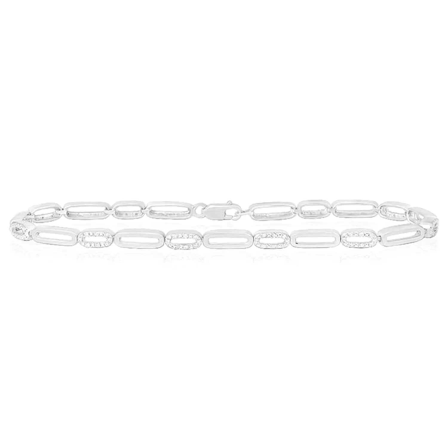 0.20CTW Natural Diamond Sterling Silver Oval Link Bracelet (Solid Links) 7"