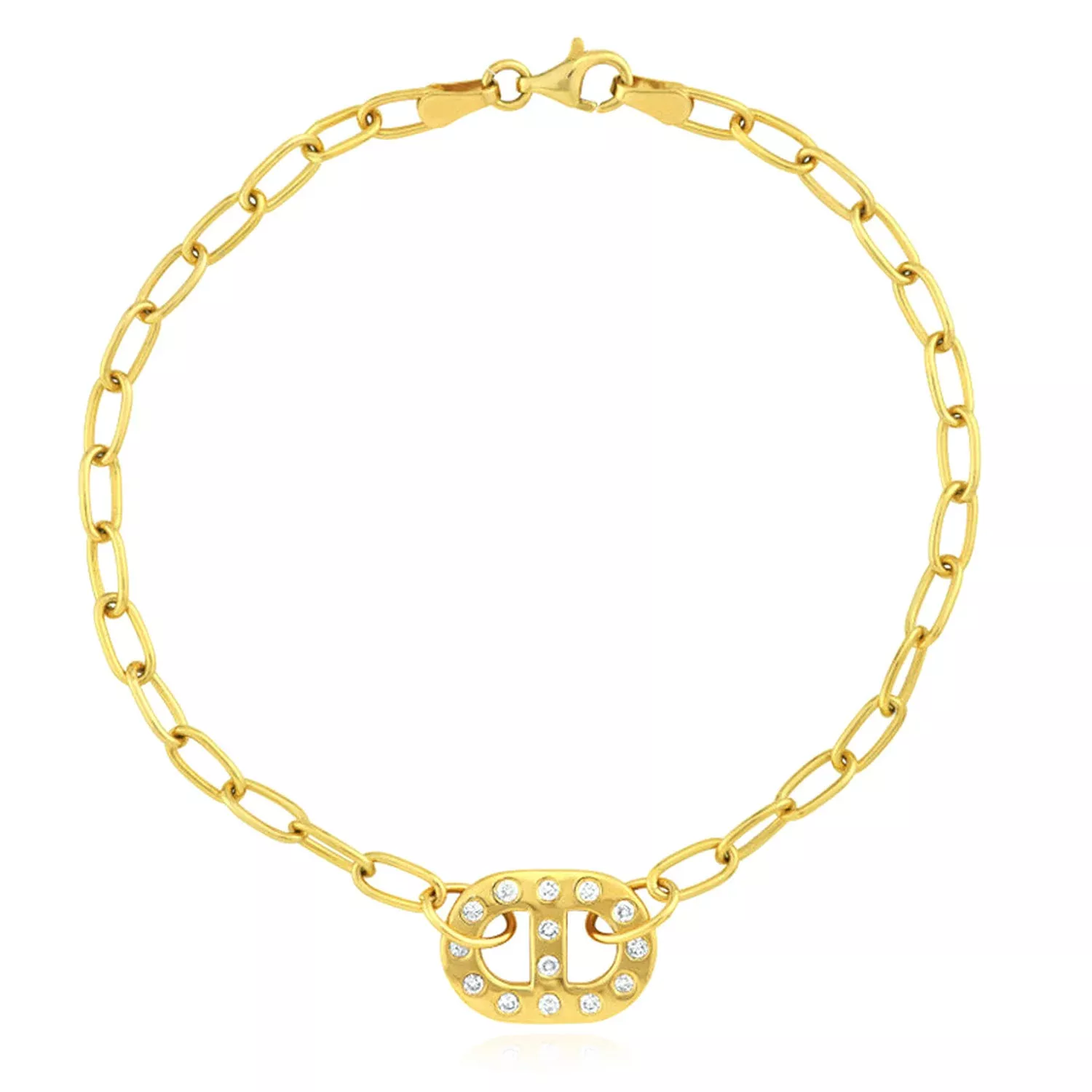 0.21CTW Natural Diamond 14K Yellow Gold Oval Link Charm Bracelet (Solid Links) 7.5"
