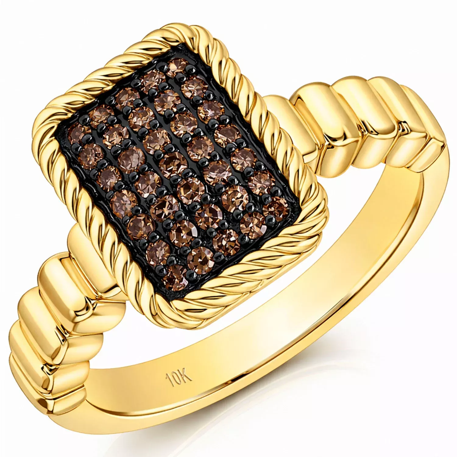 0.25CTW Natural Black Diamonds 10K Yellow Gold Rectangular Signet Ring