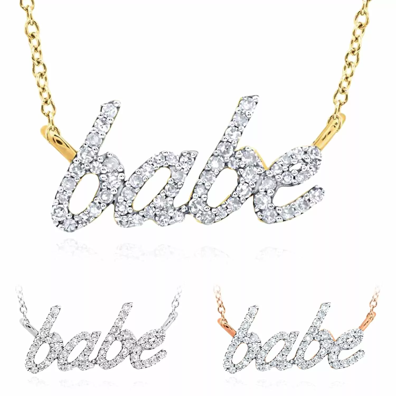 0.25CTW Natural Diamond 10K Gold babe Script Necklace (Solid Links) 18"