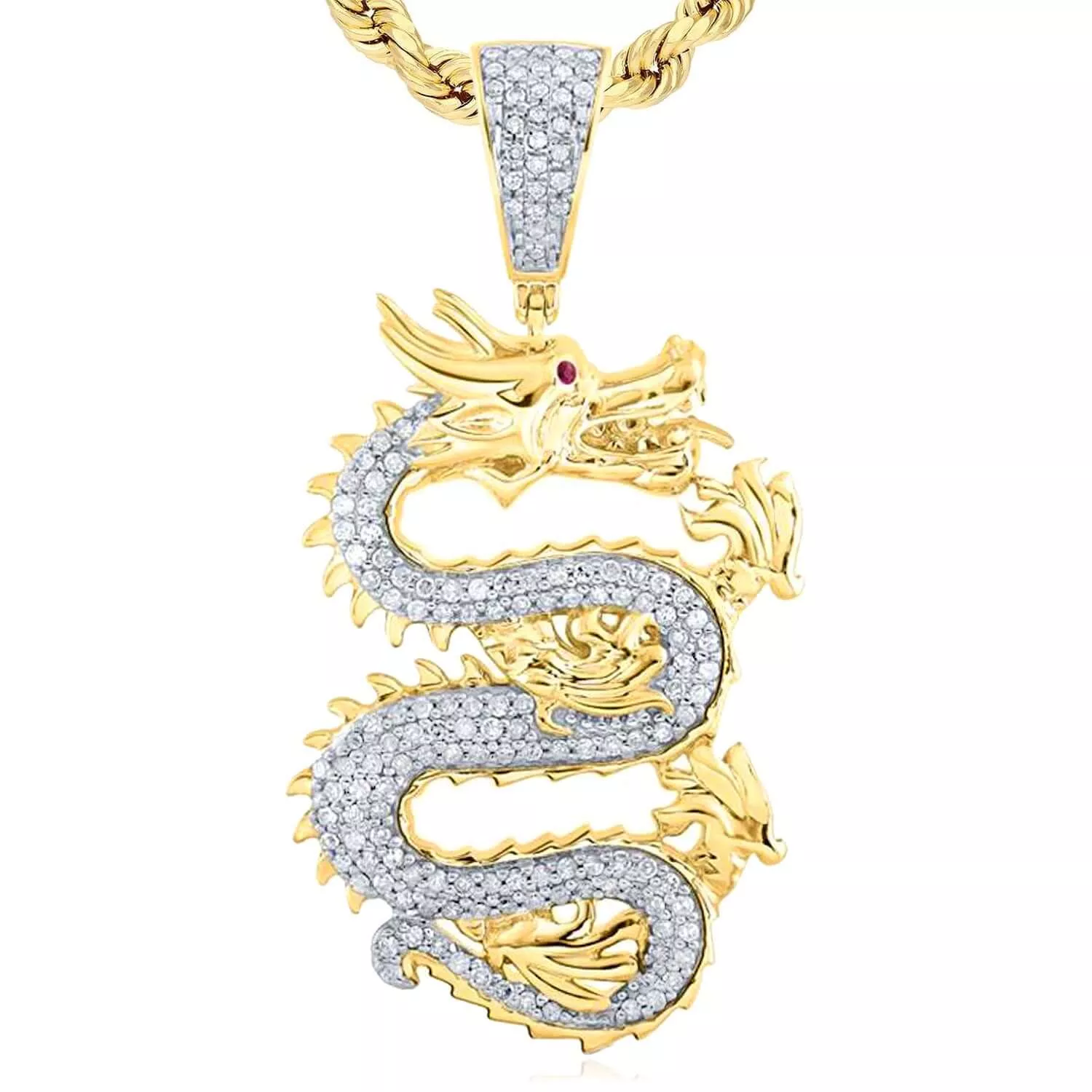 0.65TCW Natural Diamond & Red Ruby Real 10K Gold Dragon Pendant 1.77"