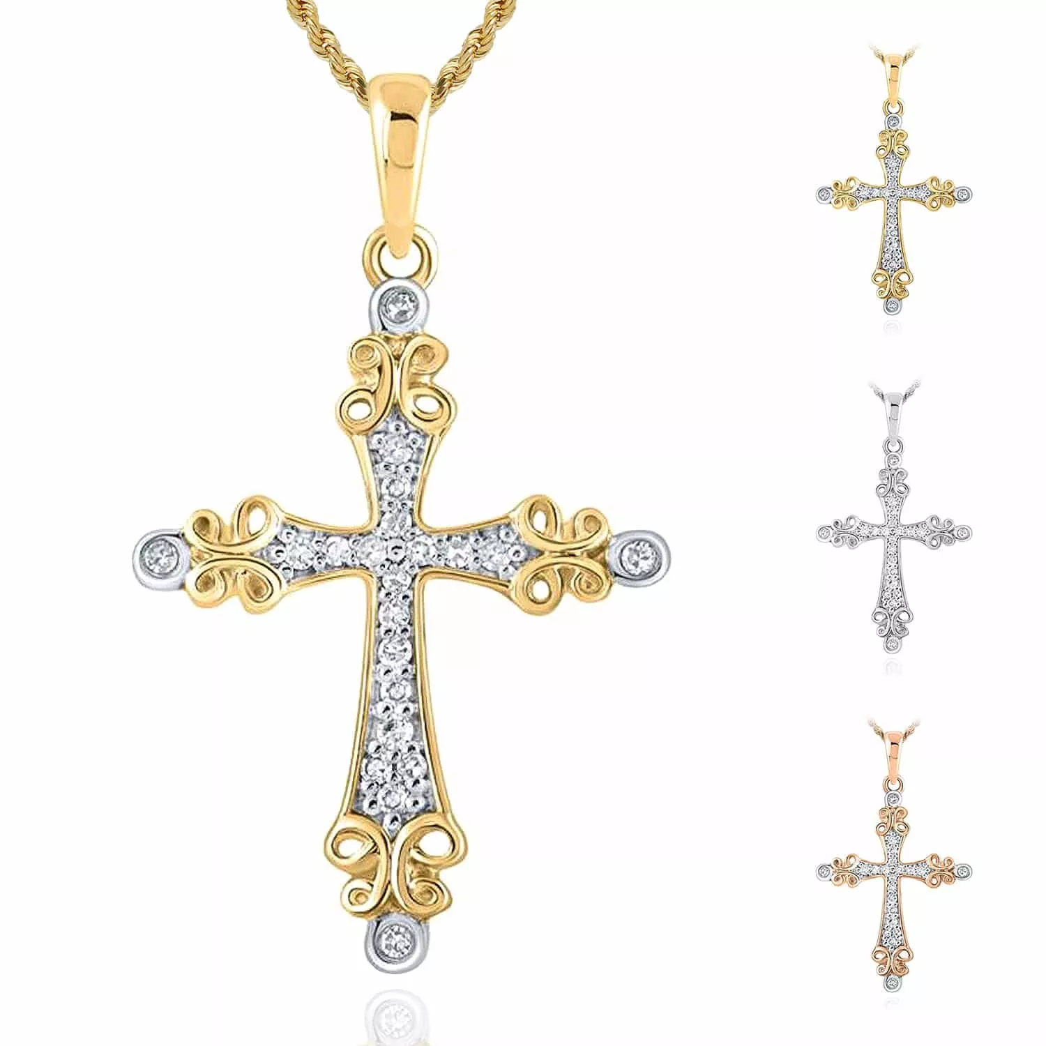 .10CTW Natural Diamond 10K Gold Yellow White Rose Filigree Cross Pendant