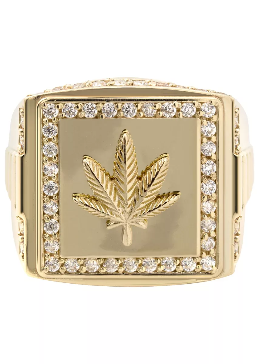 10K Gold Cz Marihuana Leaf Ring For Men | 6 Grams